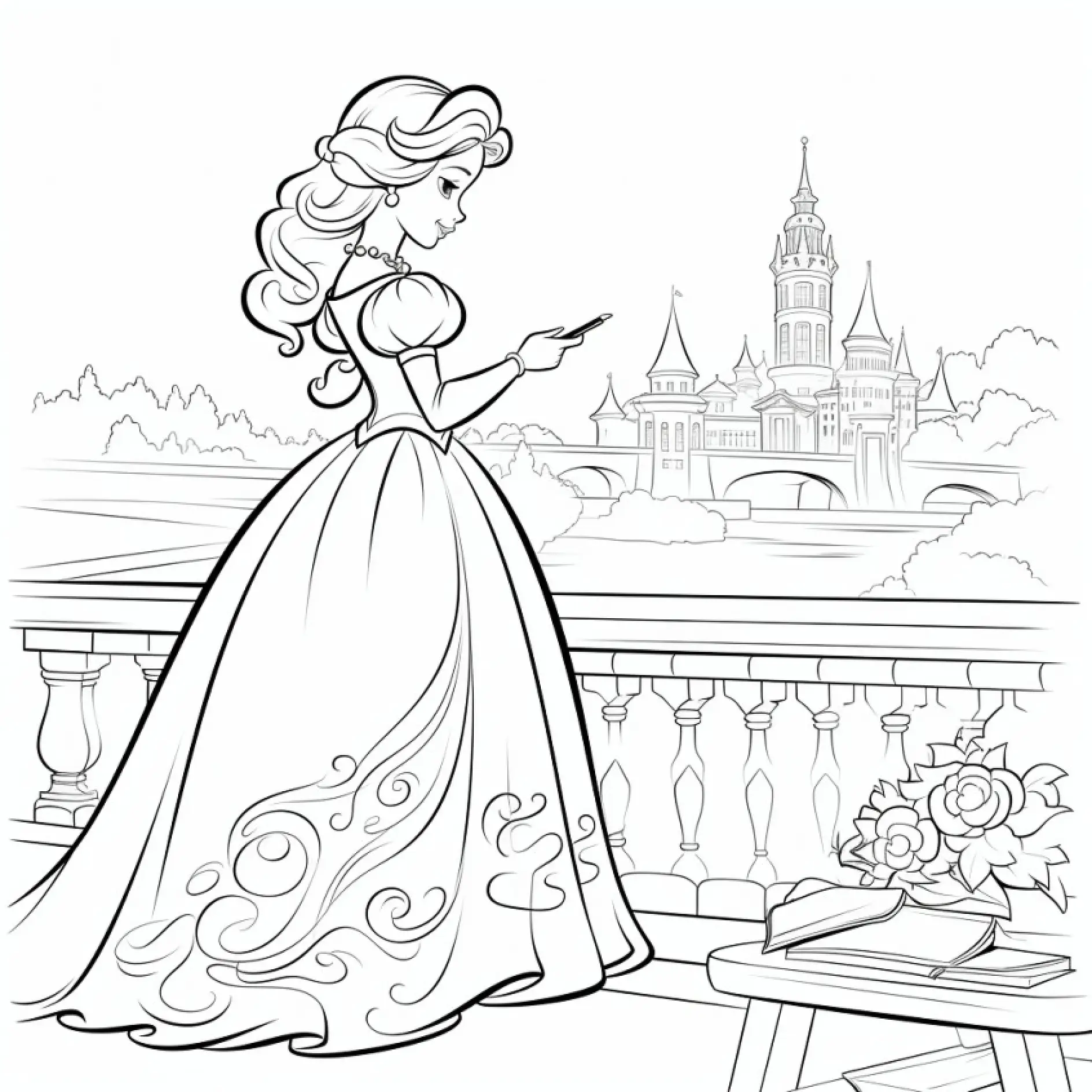 Ausmalbild Prinzessin auf Balkon mit Schlossblick und Rosen