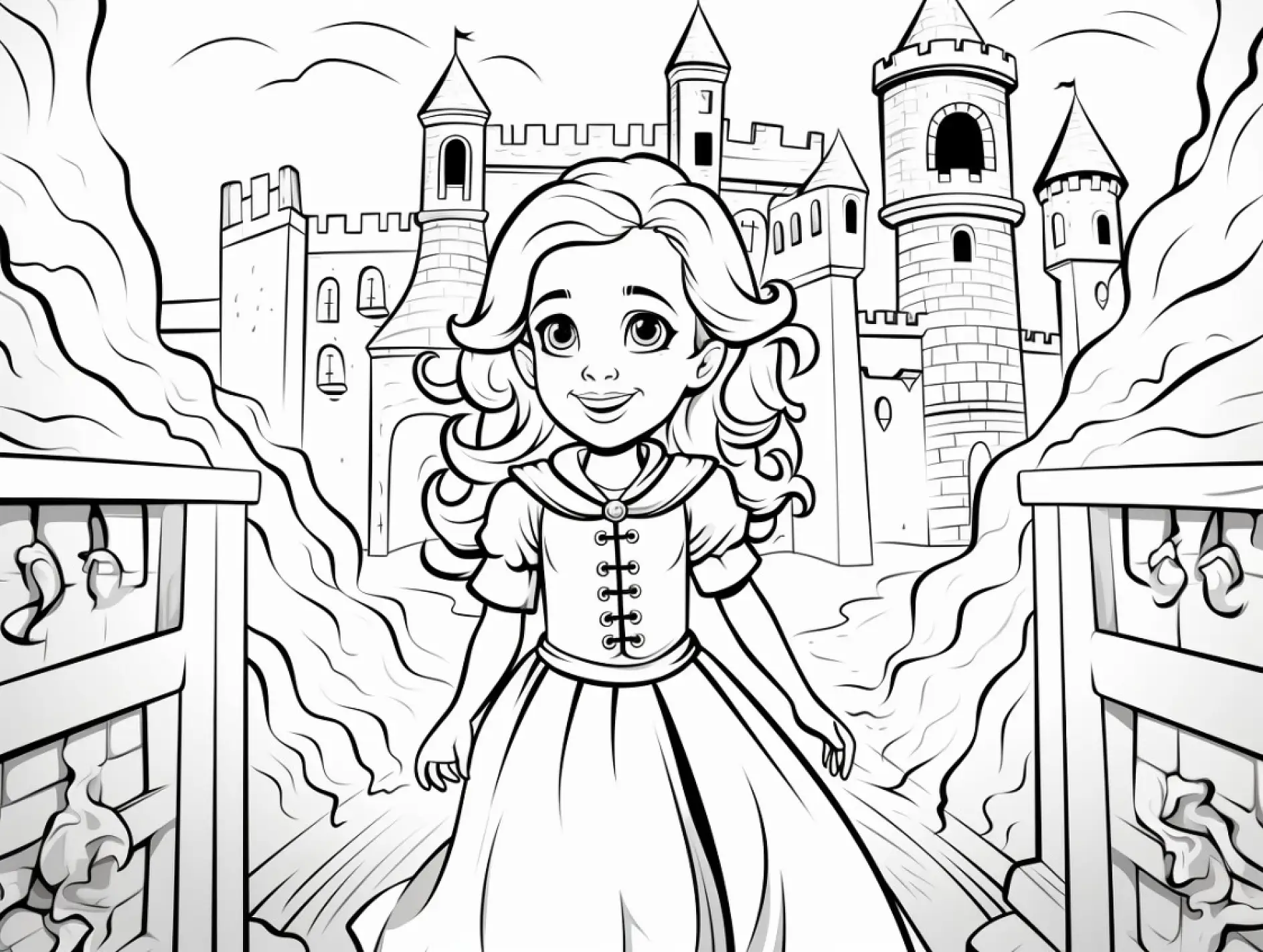 Ausmalbild Prinzessin auf Burgbrücke mit Festung im Hintergrund