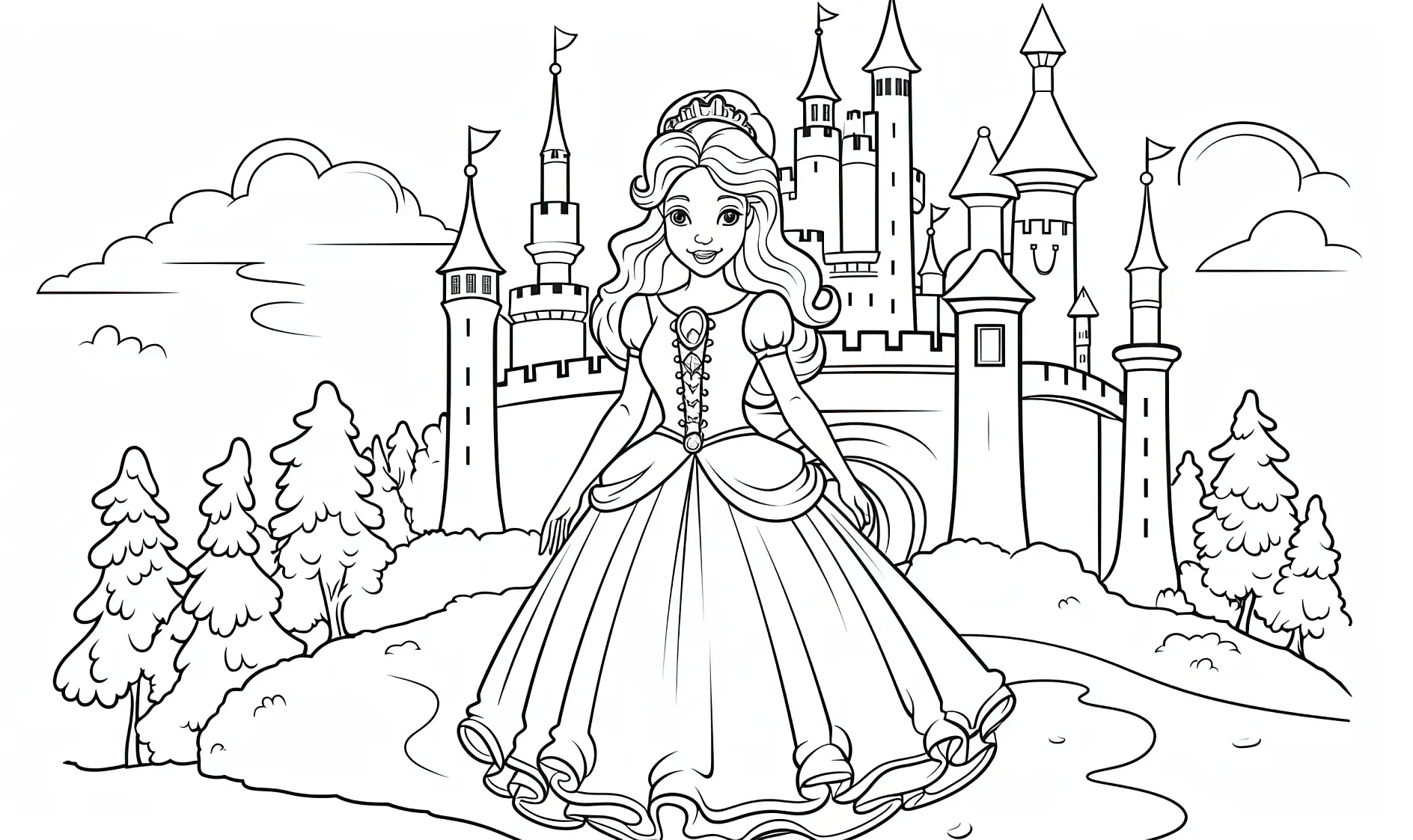 Ausmalbild Prinzessin auf Hügel mit Schloss und Bäumen