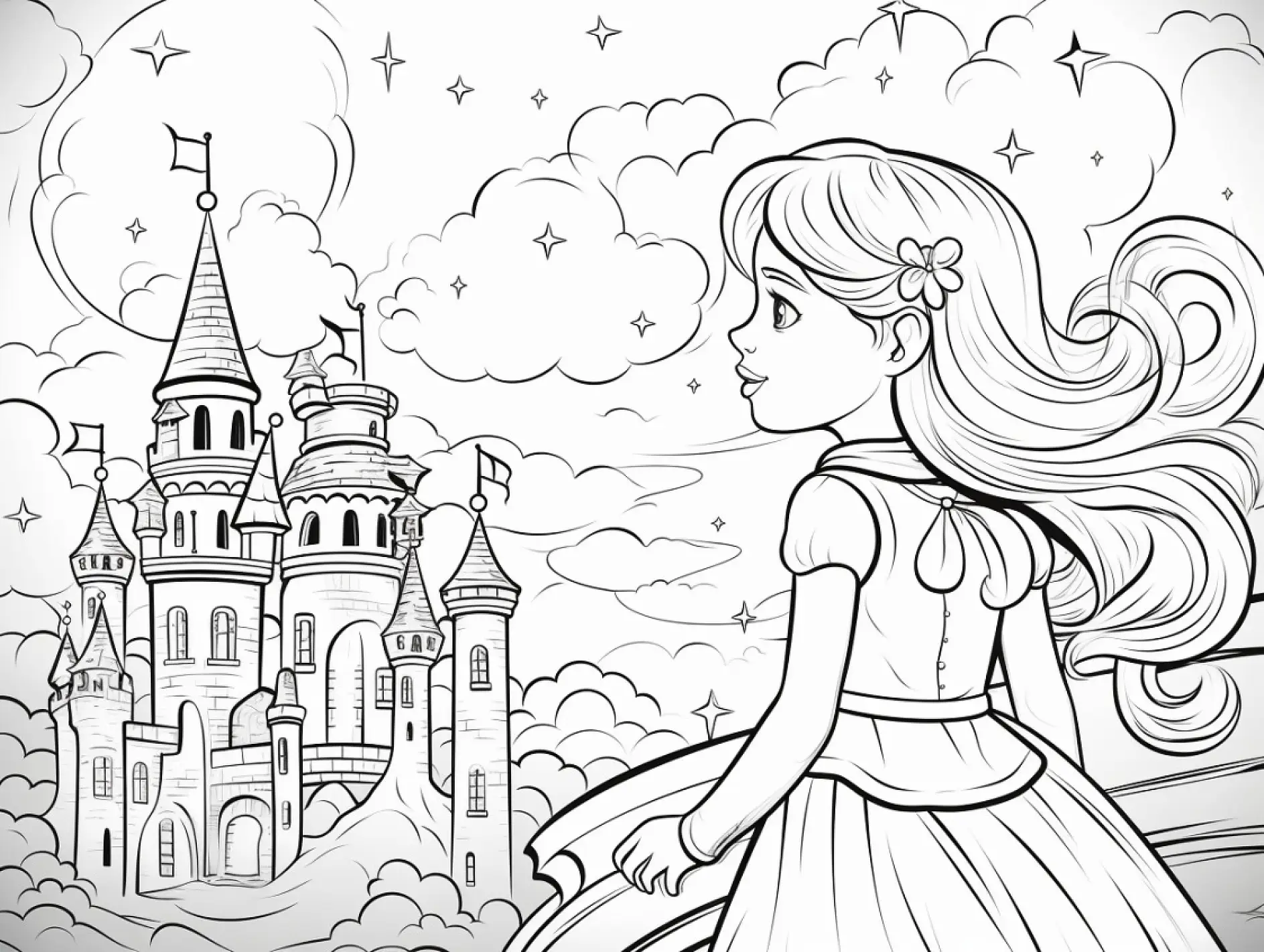 Ausmalbild Prinzessin blickt auf Schloss mit Wolken