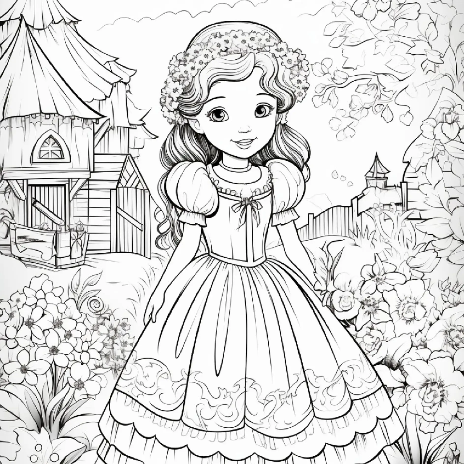 Ausmalbild Prinzessin im Blumengarten mit Baumhaus und Turm