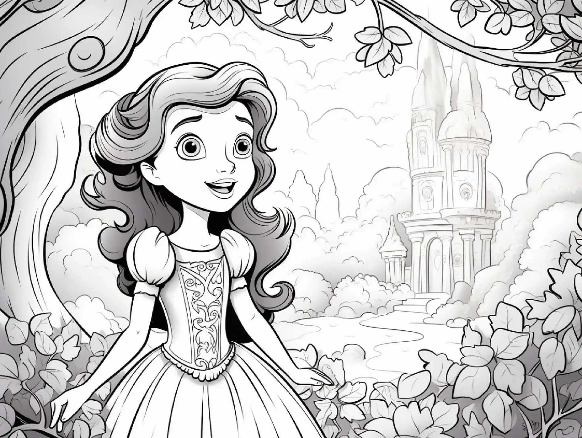 Ausmalbild Prinzessin in Wald mit Schlossansicht