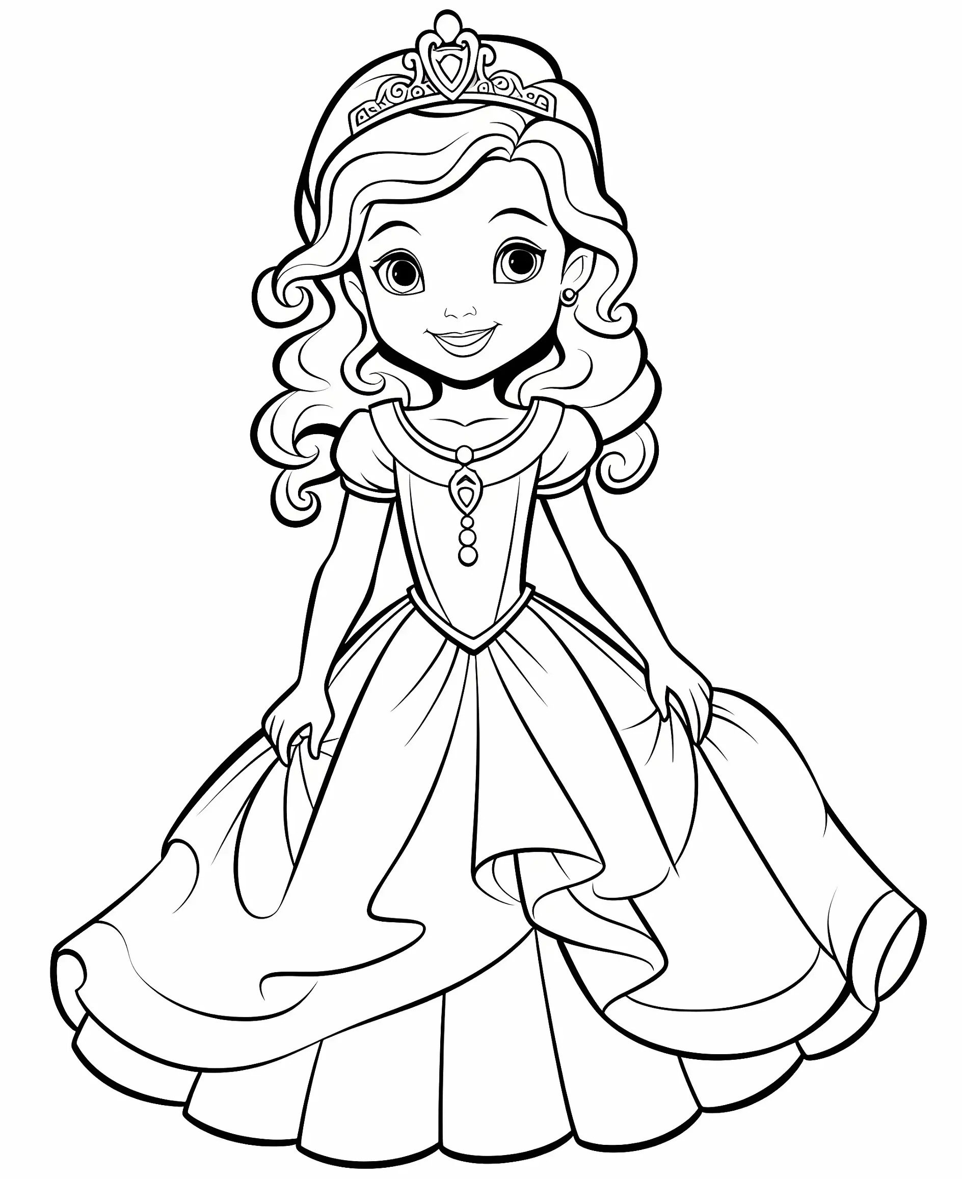 Ausmalbild Prinzessin lächelt in eleganter Robe mit Diadem