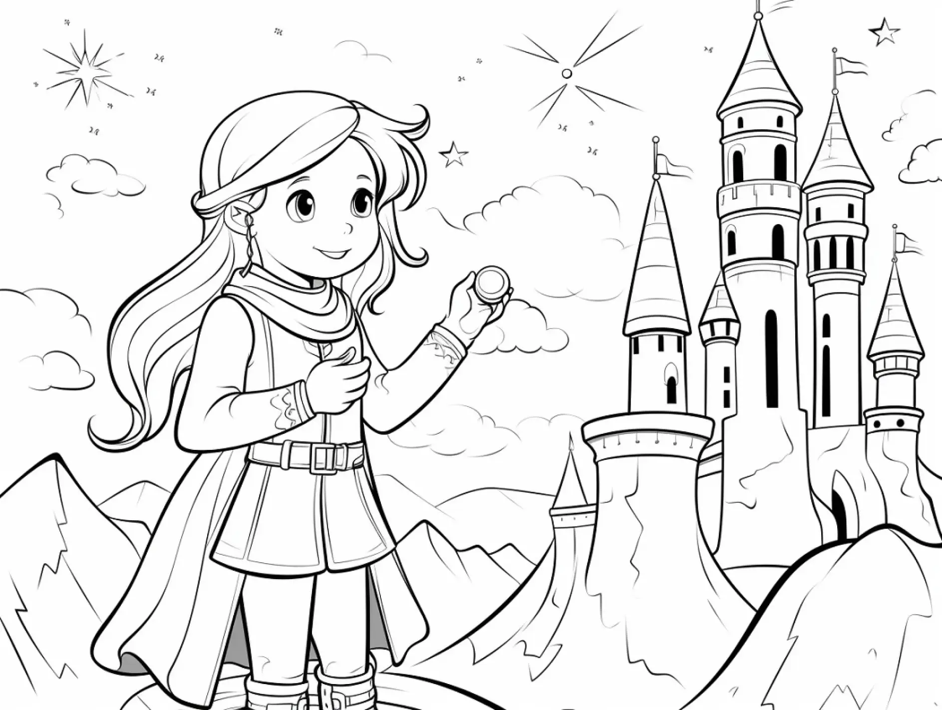 Ausmalbild Prinzessin mit Apfel bei Schloss auf Berg