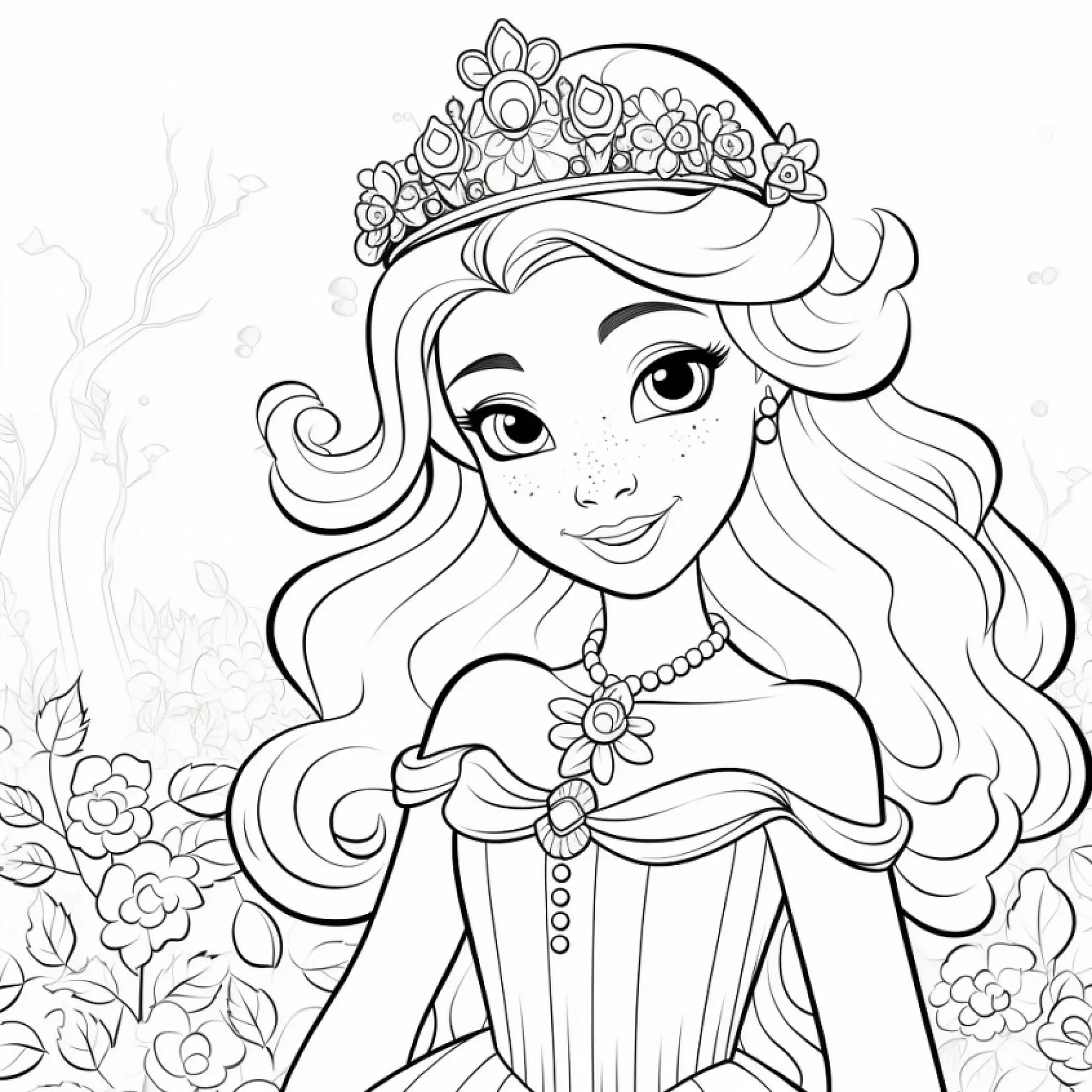 Ausmalbild Prinzessin mit Blumenkranz im Haar und Perlenkette