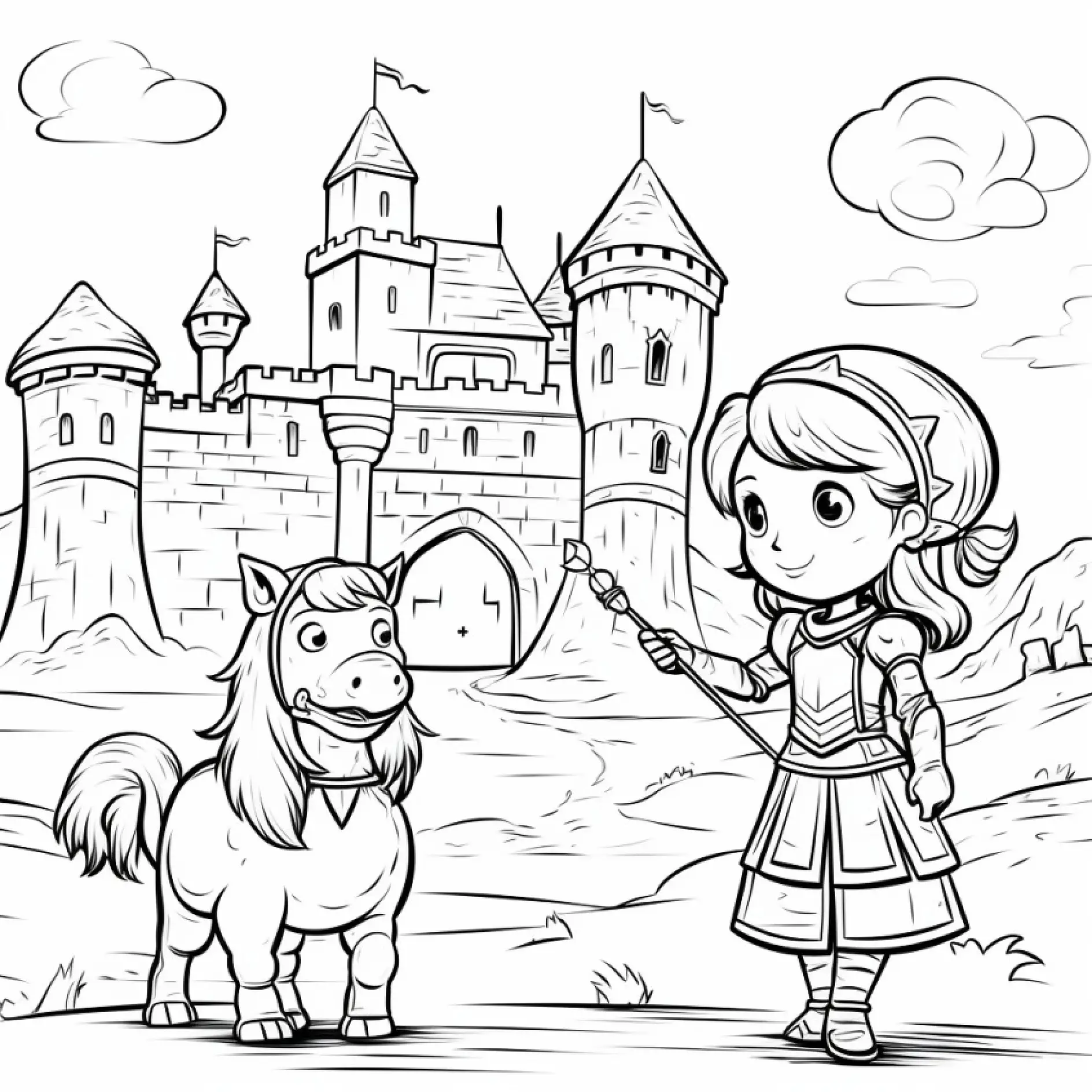 Ausmalbild Prinzessin mit Pony vor Schlosskulisse