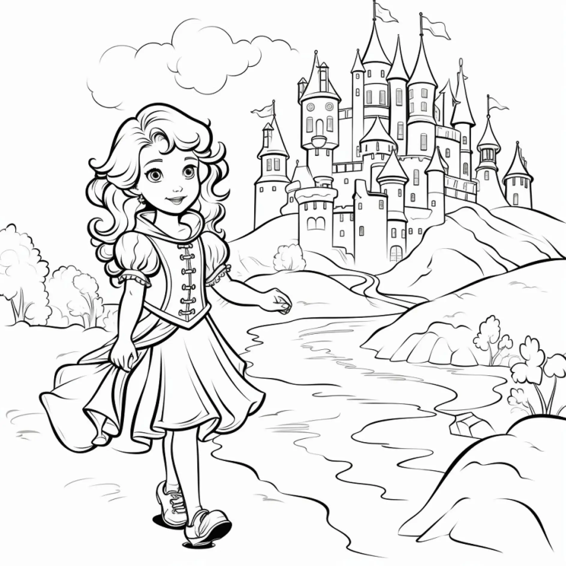 Ausmalbild Prinzessin spaziert am Fluss mit Schloss im Hintergrund