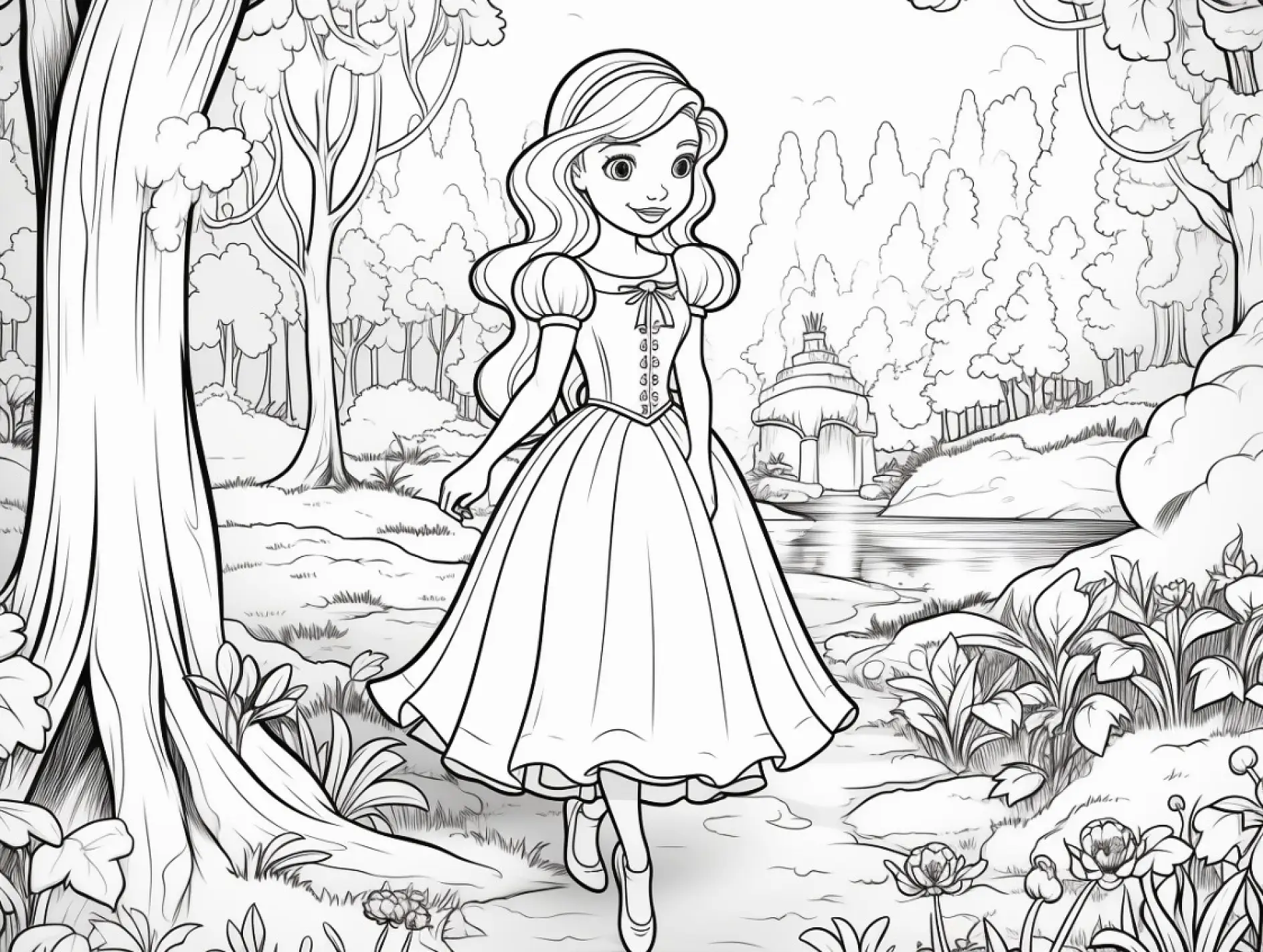 Ausmalbild Prinzessin spaziert in Waldlandschaft mit Brücke