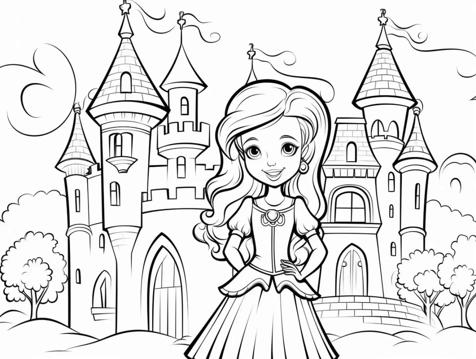 Ausmalbild Prinzessin steht vor Märchenschloss mit Bäumen