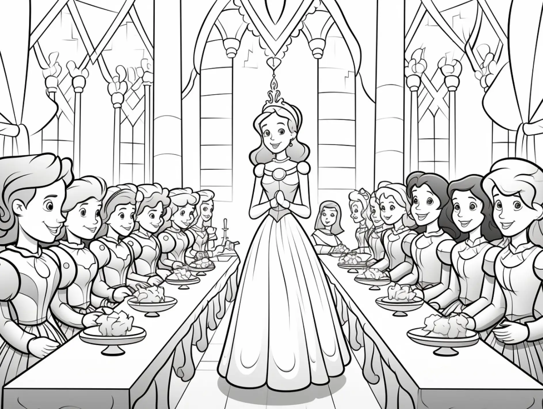 Ausmalbild Prinzessin steht vor Tafelrunde in großer Halle