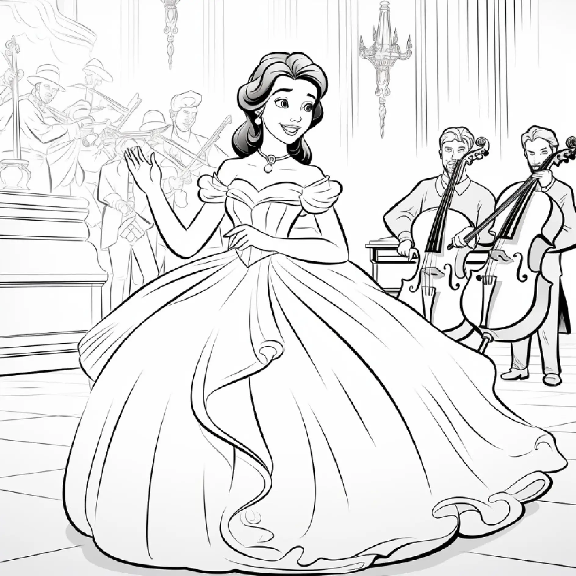 Ausmalbild Prinzessin tanzt im Ballsaal mit Orchester