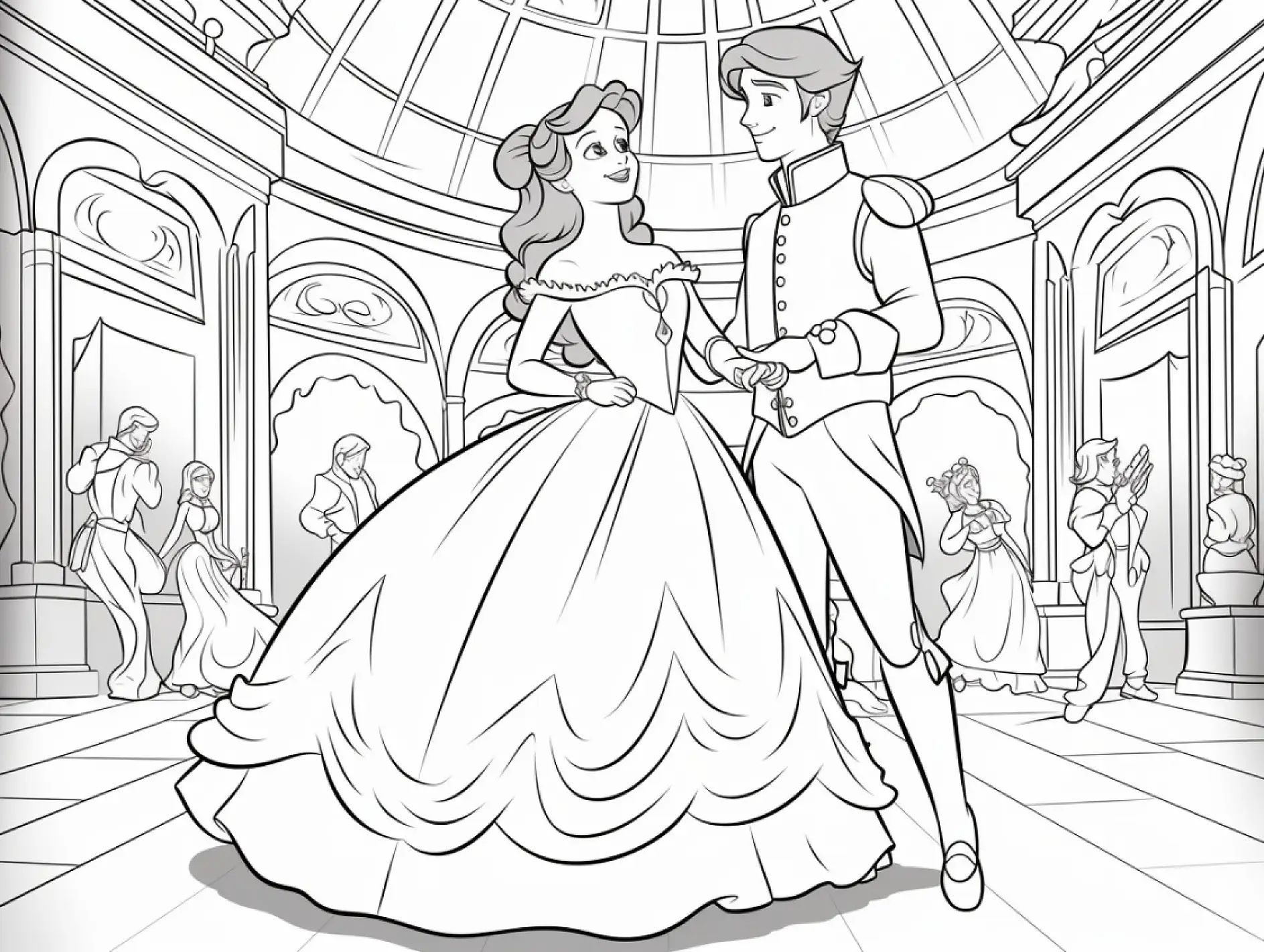 Ausmalbild Prinzessin tanzt mit Prinzen im Ballsaal