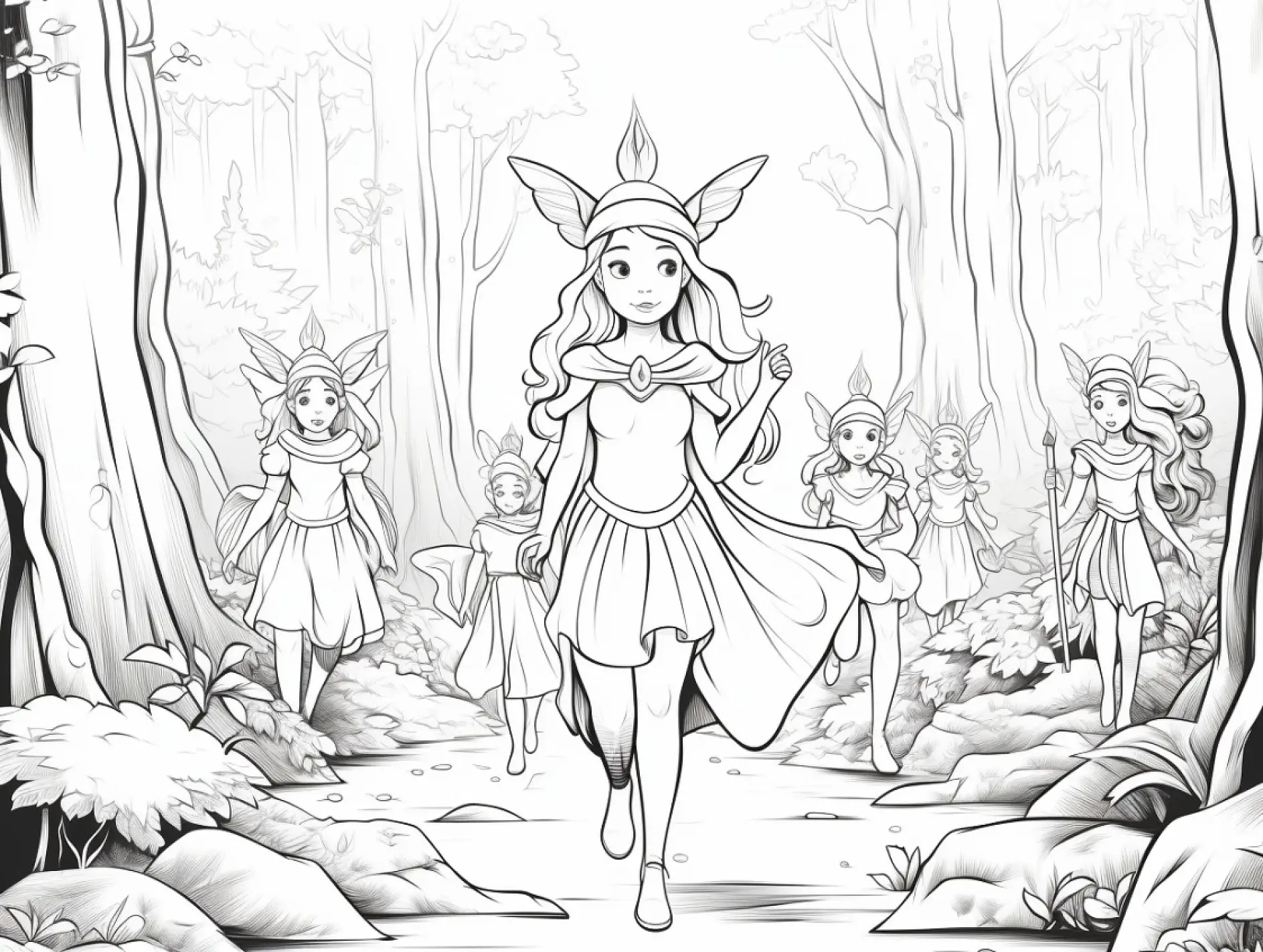 Ausmalbild Prinzessin und Feen im Zauberwald