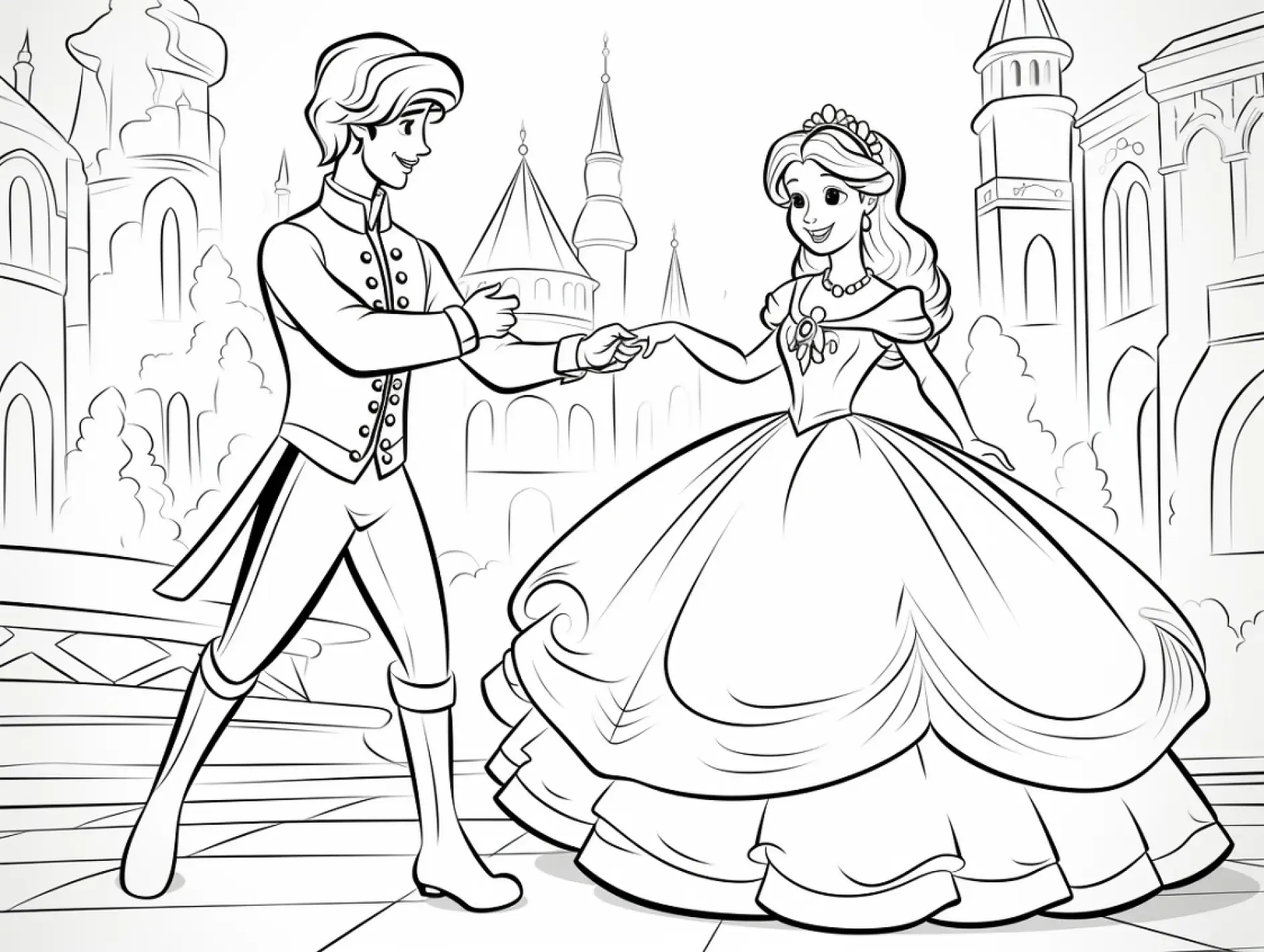 Ausmalbild Prinzessin und Prinz vor Schlosskulisse