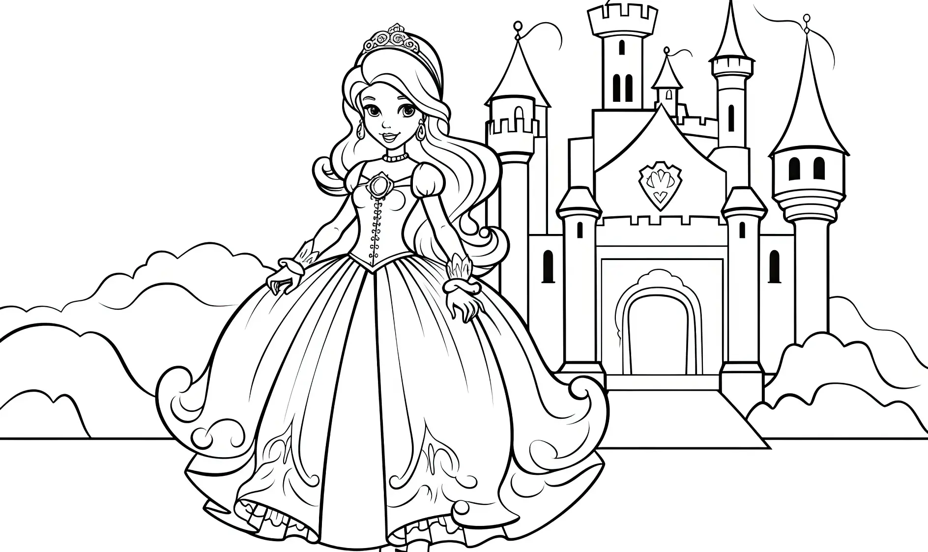 Ausmalbild Prinzessin vor Schloss mit Bergkulisse