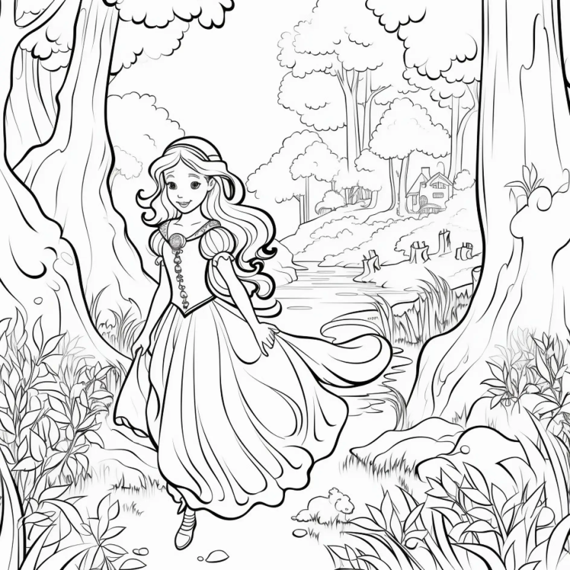 Ausmalbild Prinzessin wandert durch den Wald mit Flussblick