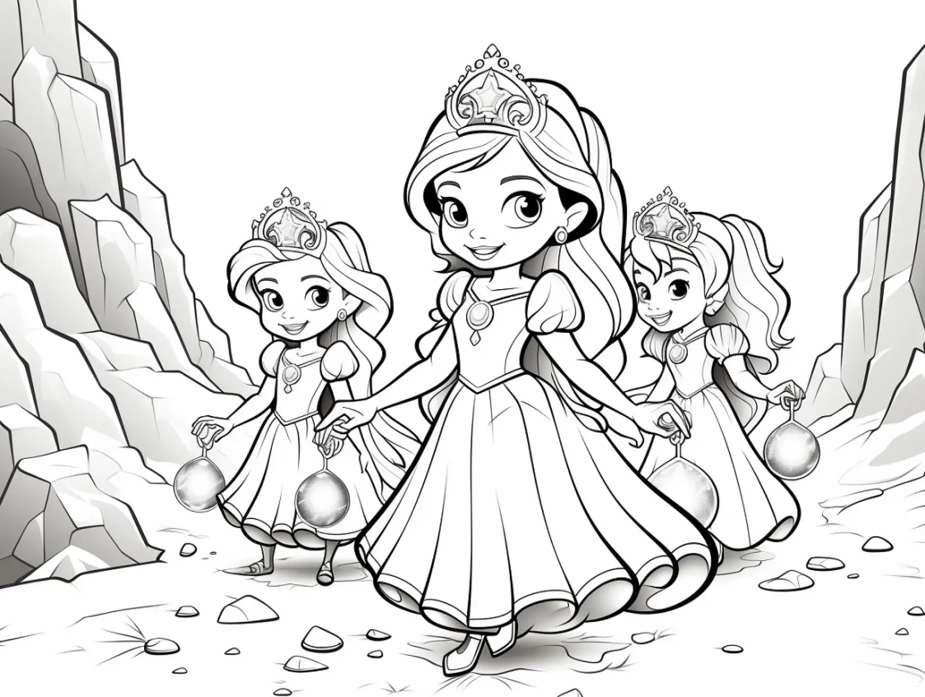 Ausmalbild Prinzessinnen wandern durch Felslandschaft