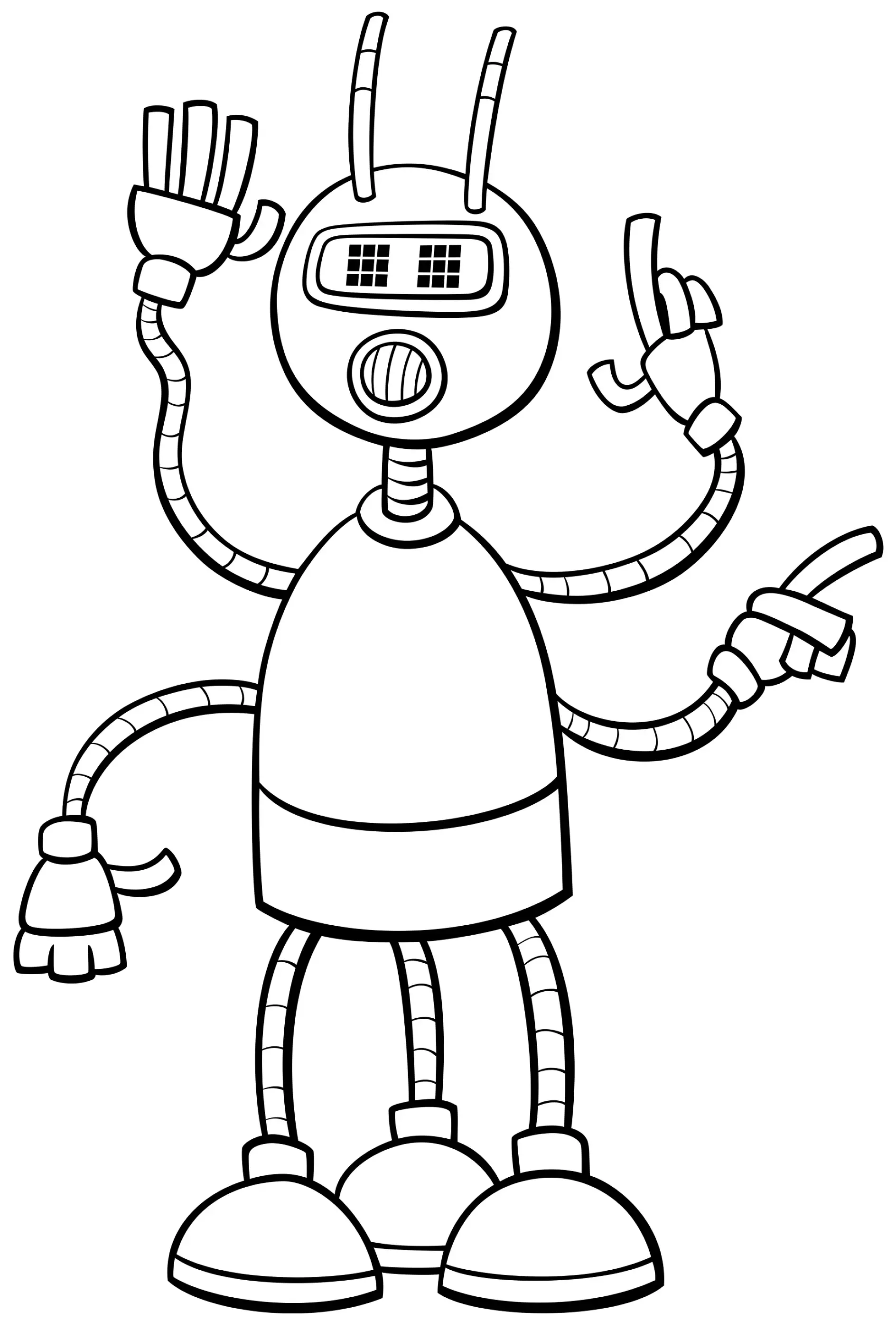 Ausmalbild Roboter mit vier Armen und Antennenkopf