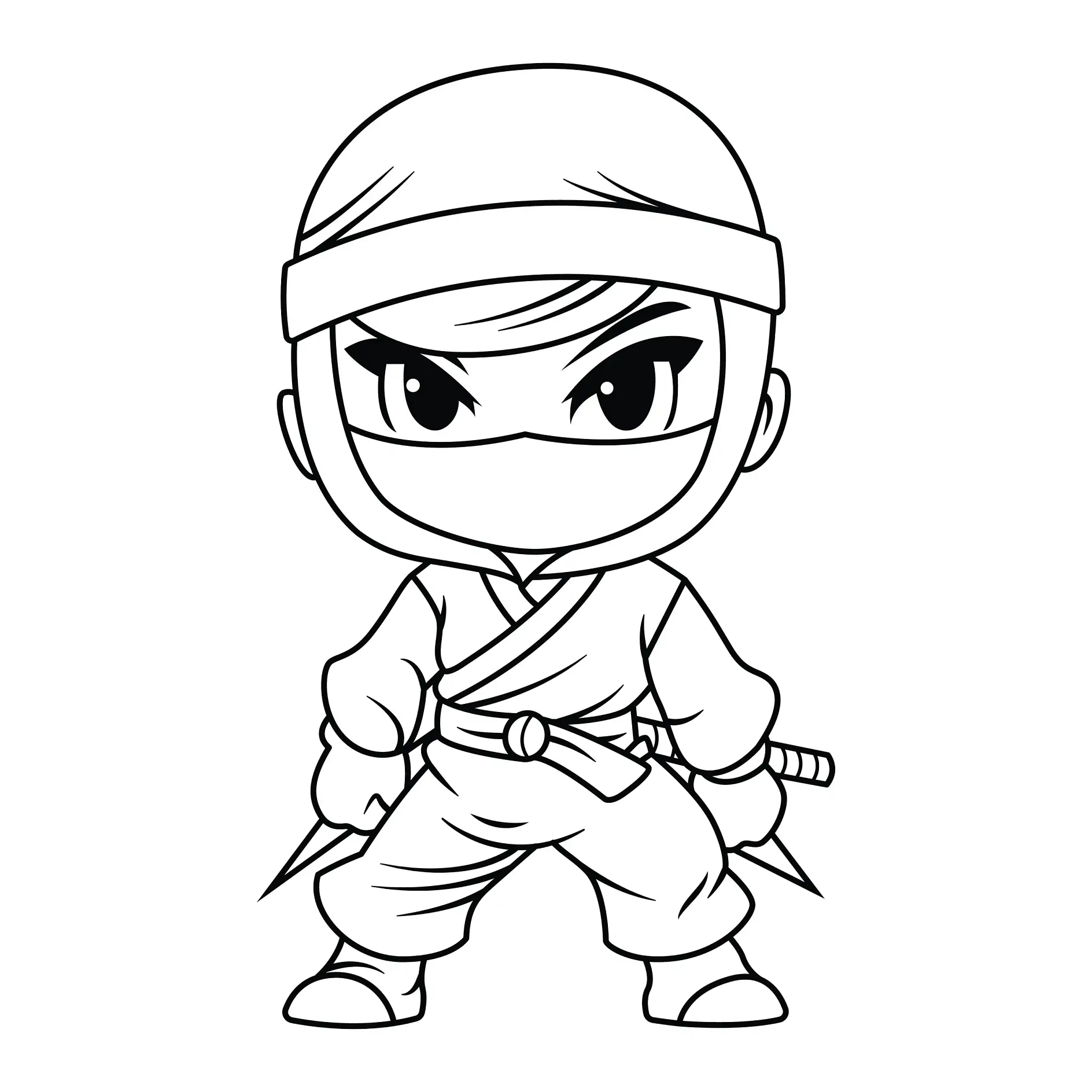 Ausmalbild stehender Ninja mit Schwert und festem Blick