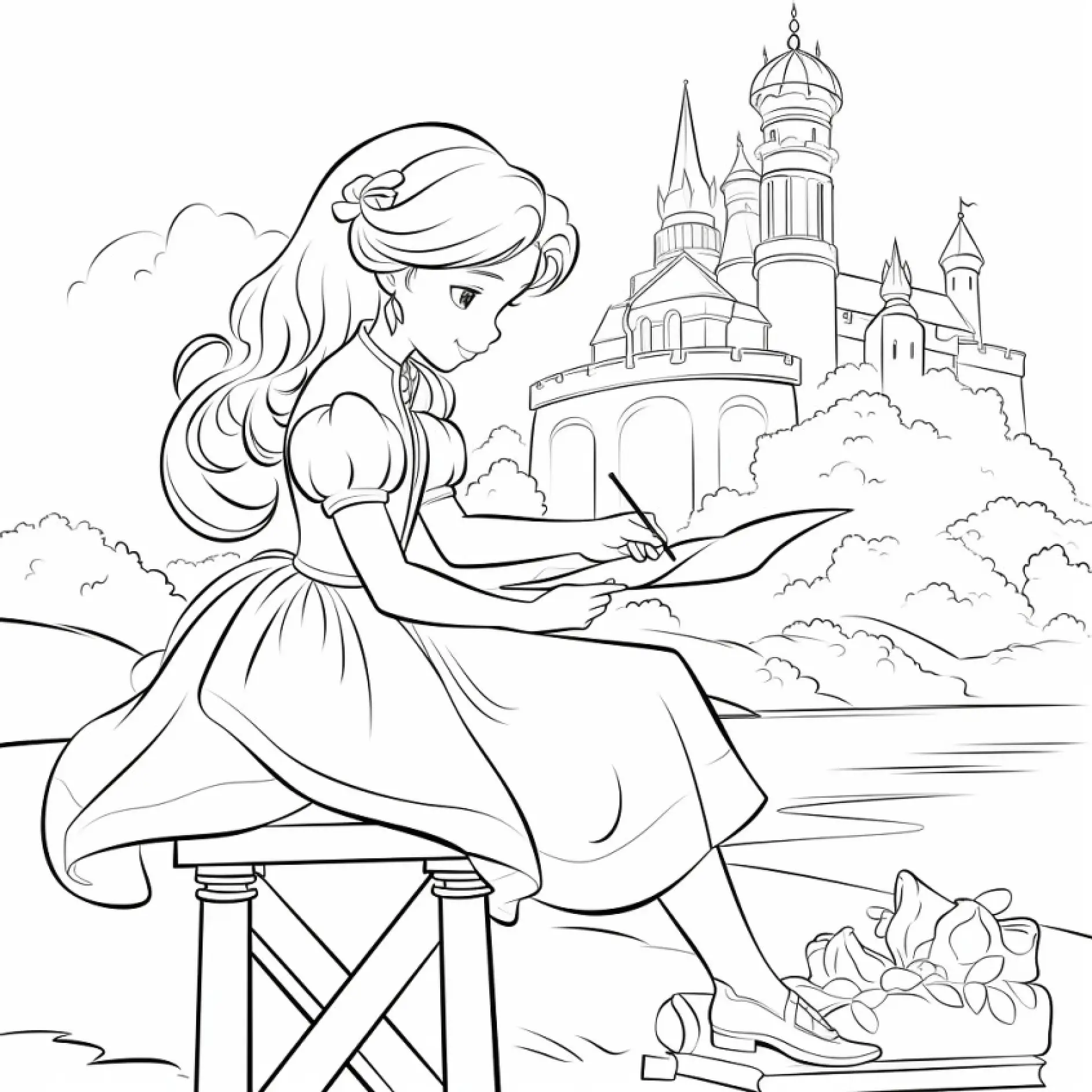 Ausmalbild Prinzessin schreibt an Ufer mit Schloss im Hintergrund