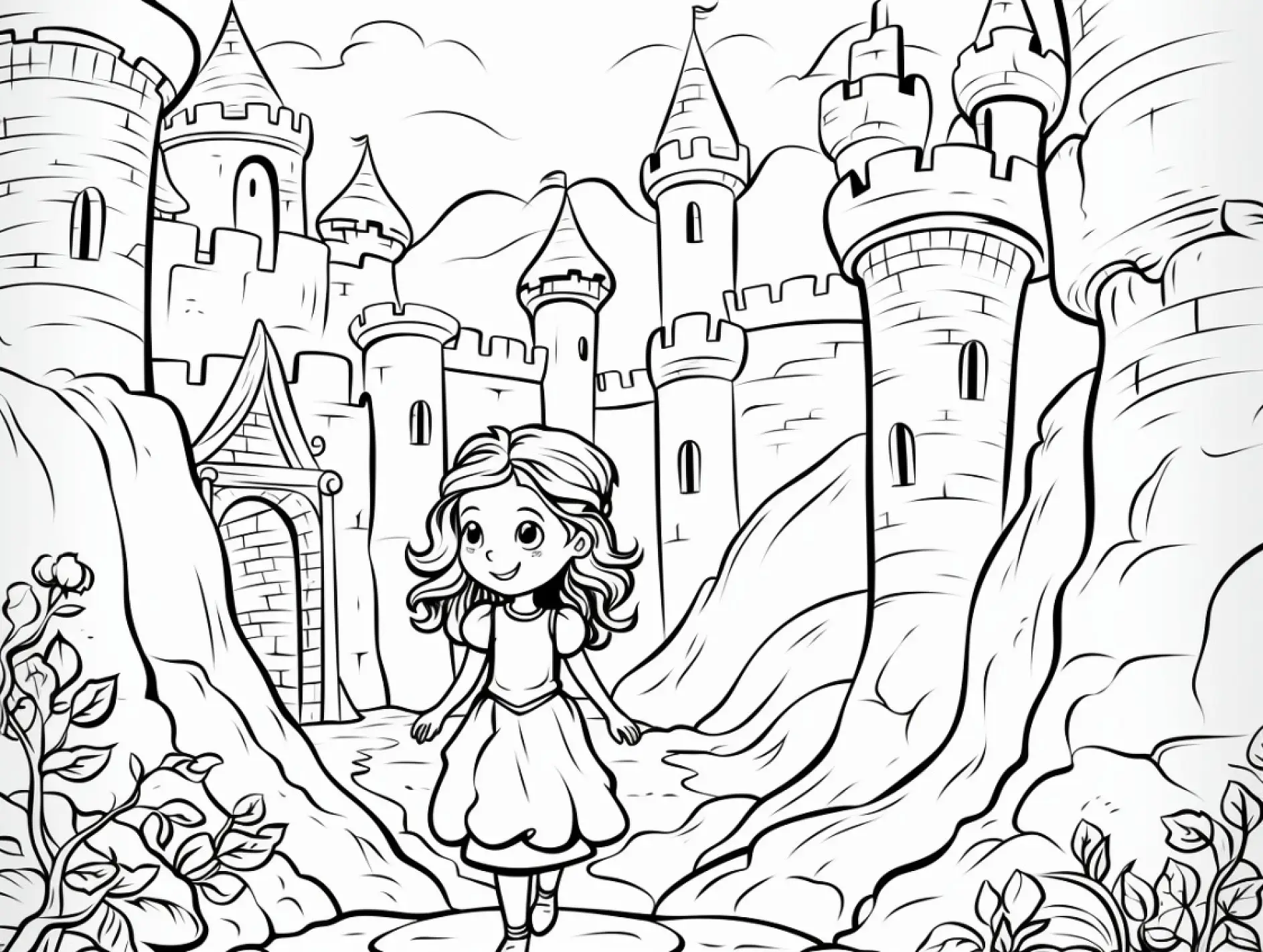 Ausmalbild kleine Prinzessin vor Schloss mit BlumenAusmalbild kleine Prinzessin vor Schloss mit Blumen