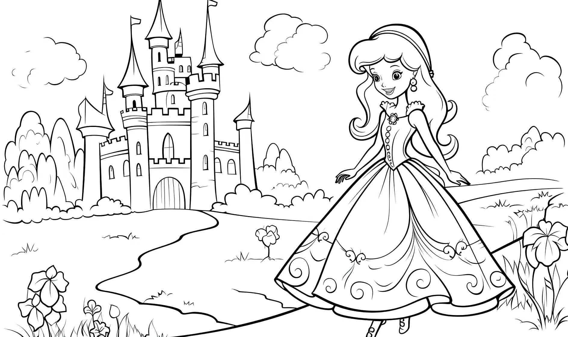 Ausmalbild Prinzessin in Natur mit Schloss und Weg