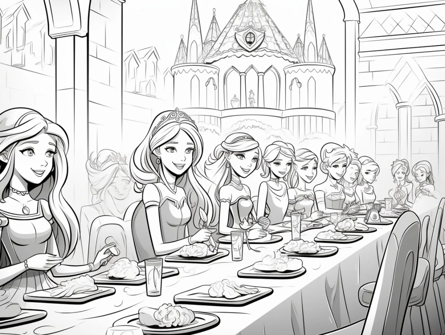 Ausmalbild Prinzessinnen beim Festmahl im Schlosshof