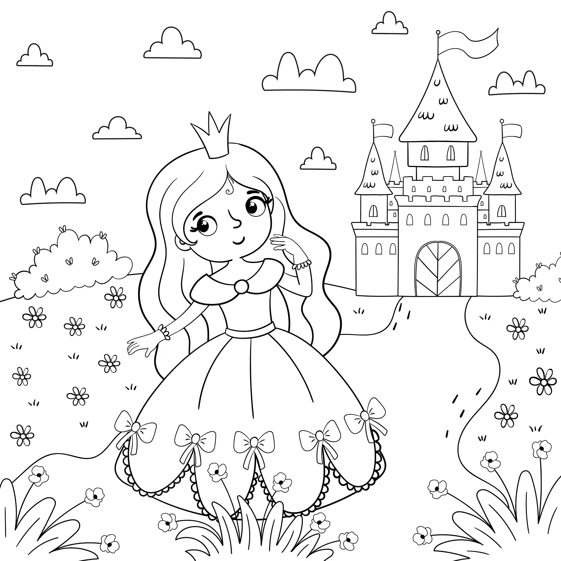 Ausmalbild Prinzessin im Garten mit Schloss im Hintergrund