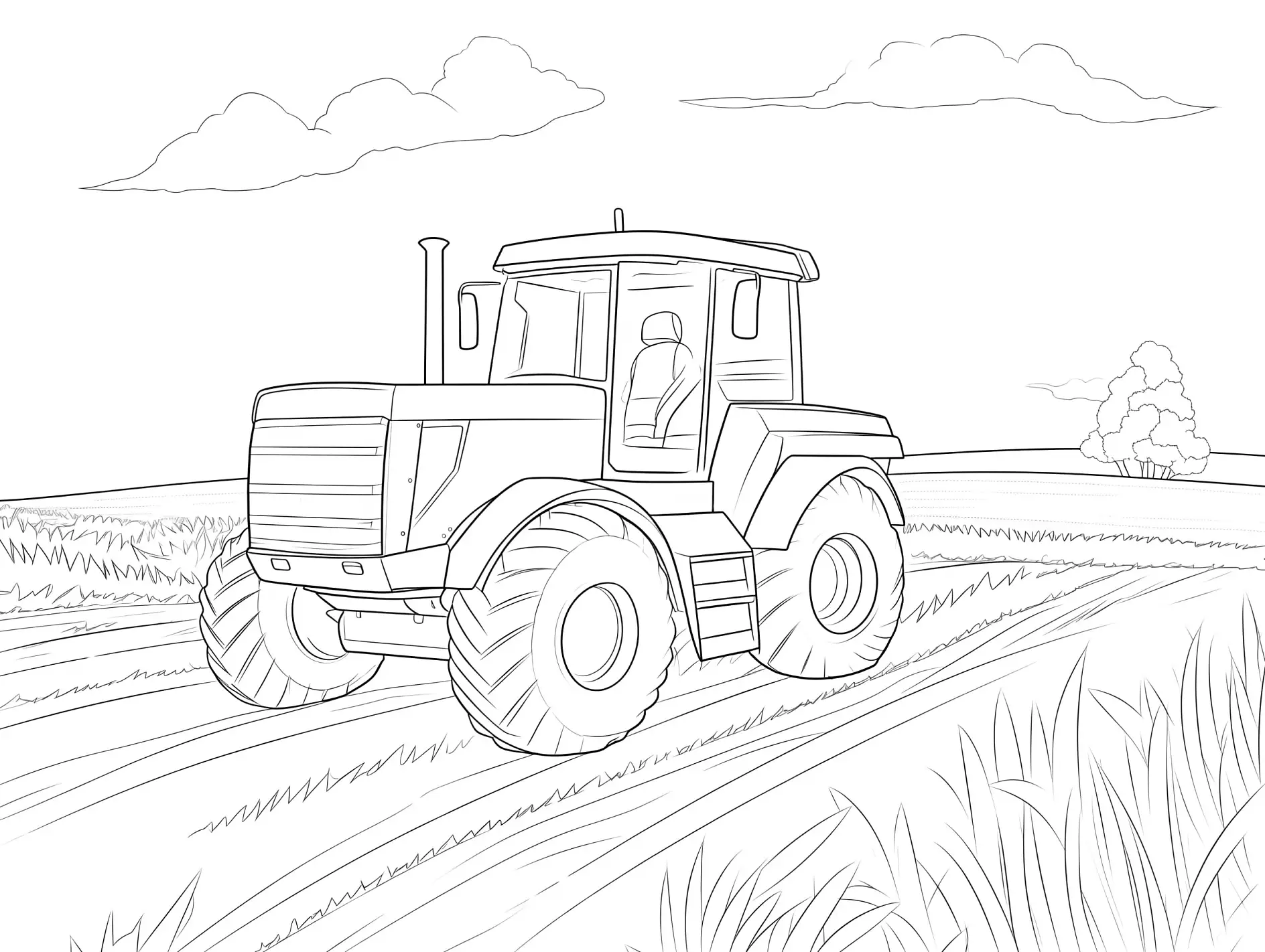 Ausmalbild Traktor auf Feldweg