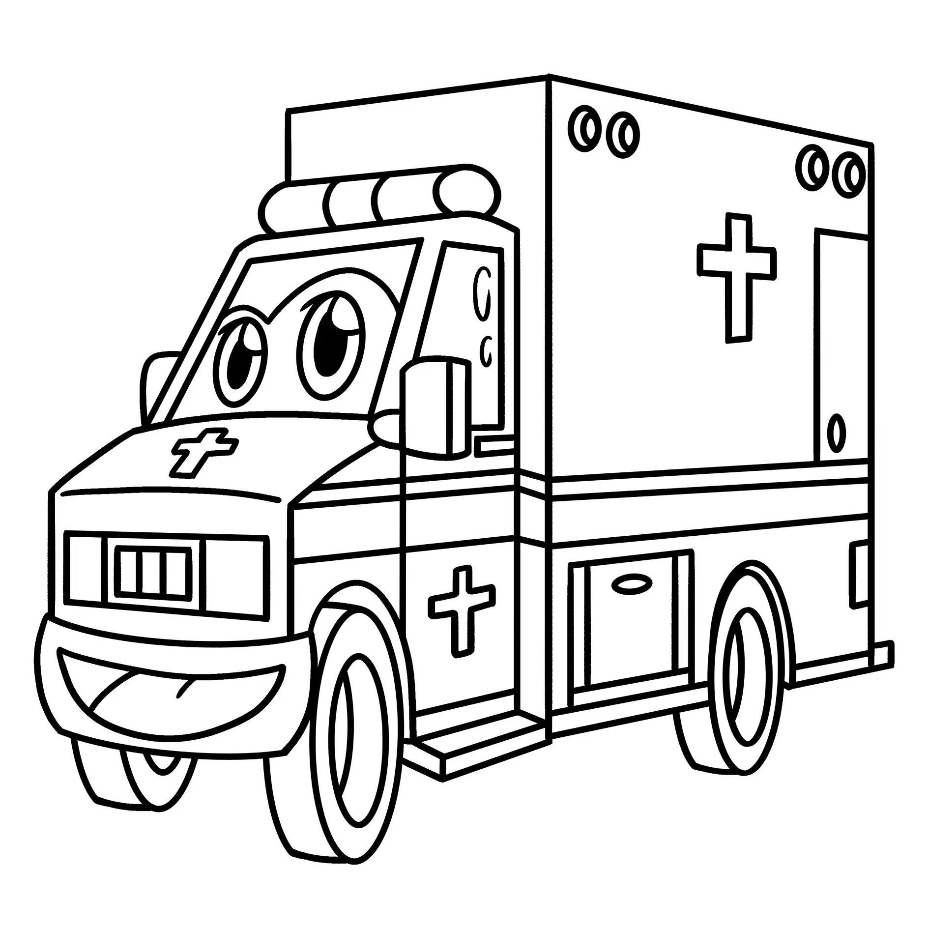 Ausmalbild Krankenwagen mit lächelndem Gesicht