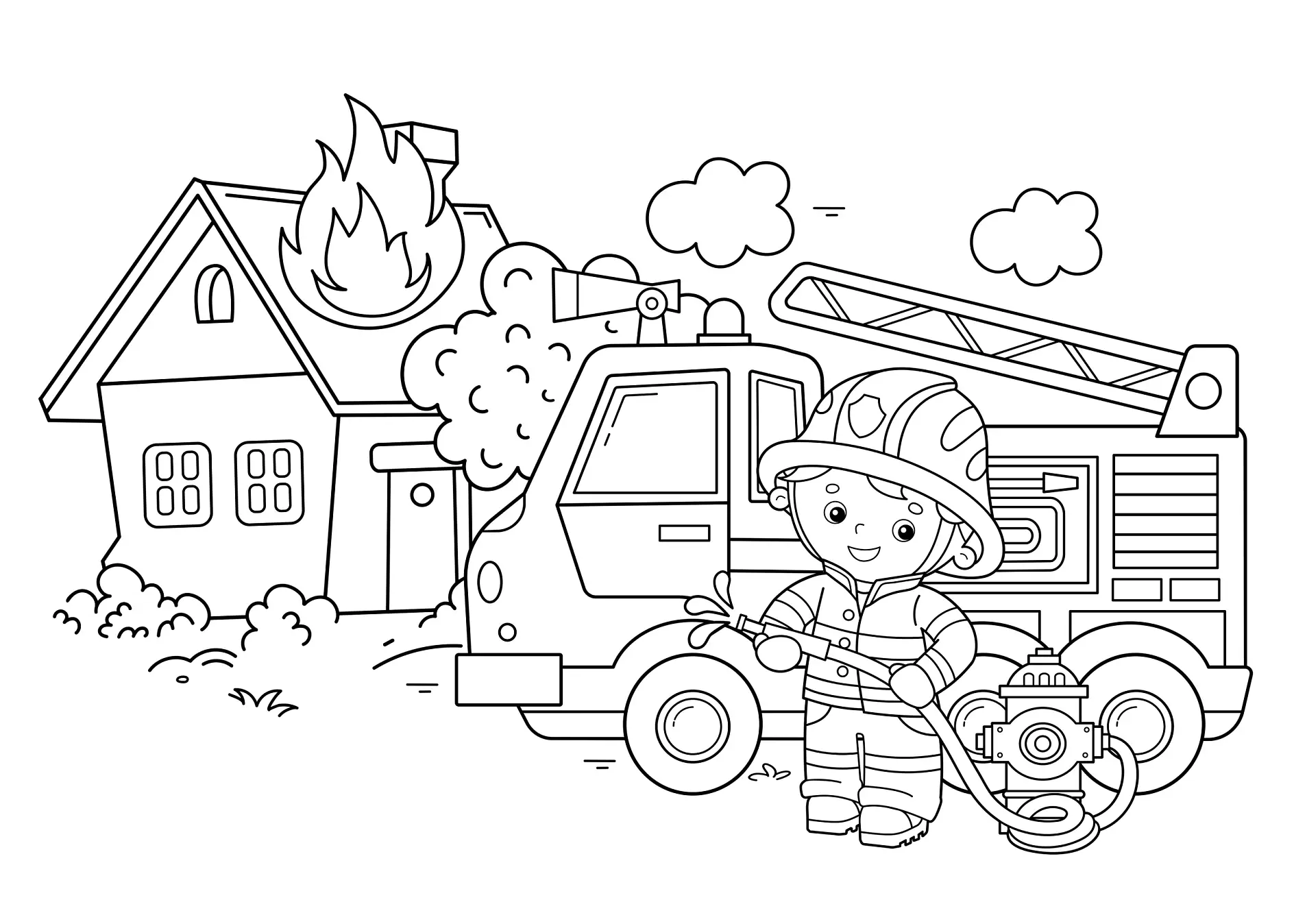 Ausmalbild Feuerwehrauto bei brennendem Haus