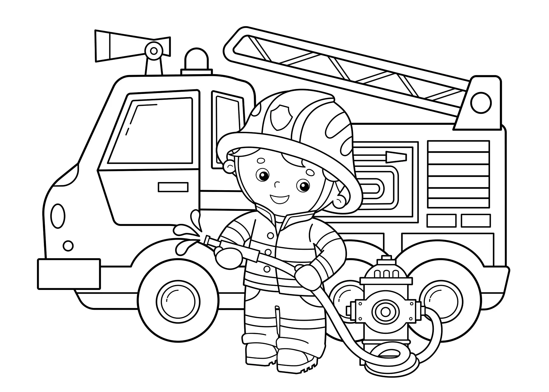 Ausmalbild Feuerwehrauto mit freundlichem Feuerwehrmann
