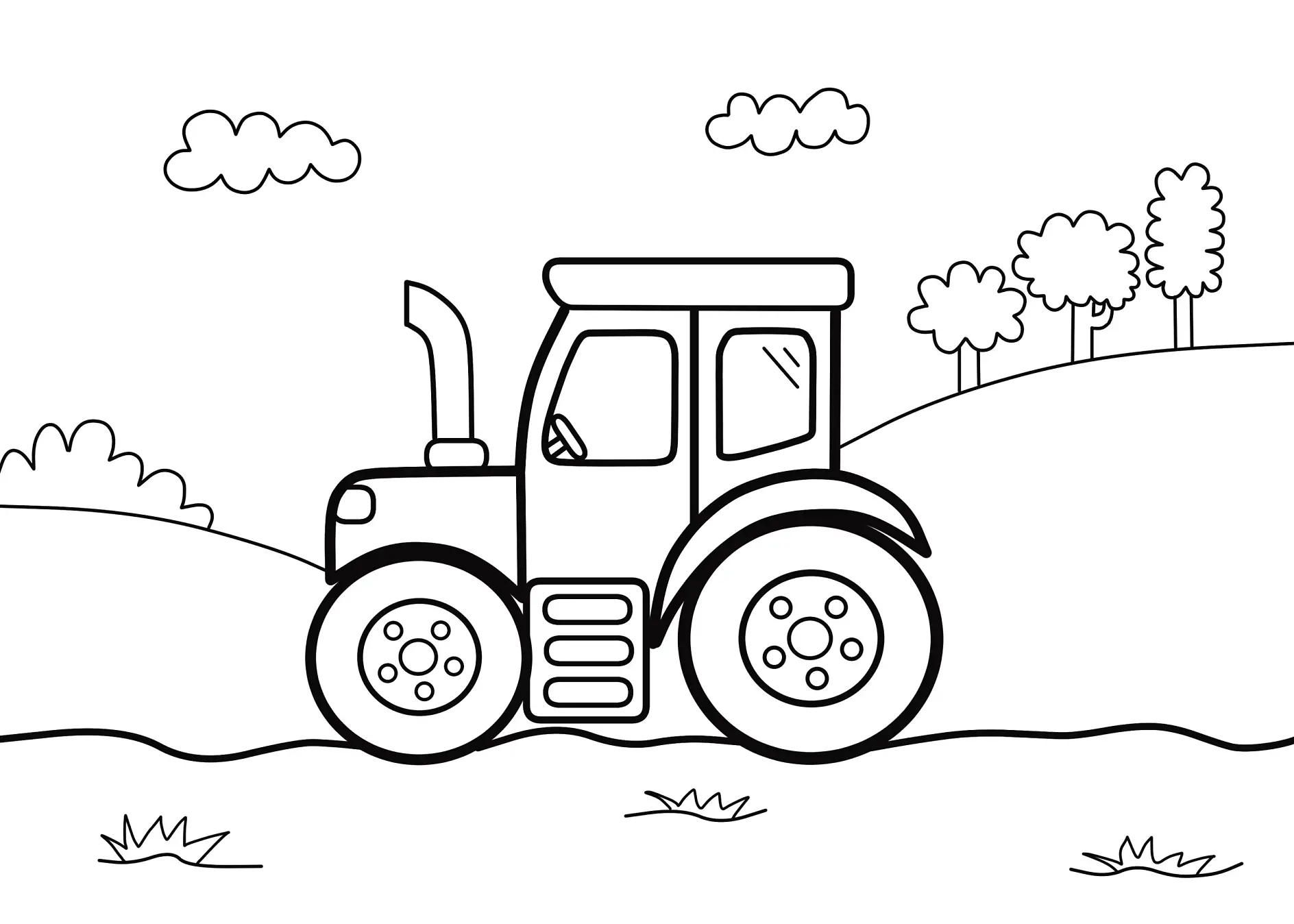 Ausmalbild Traktor auf Hügellandschaft