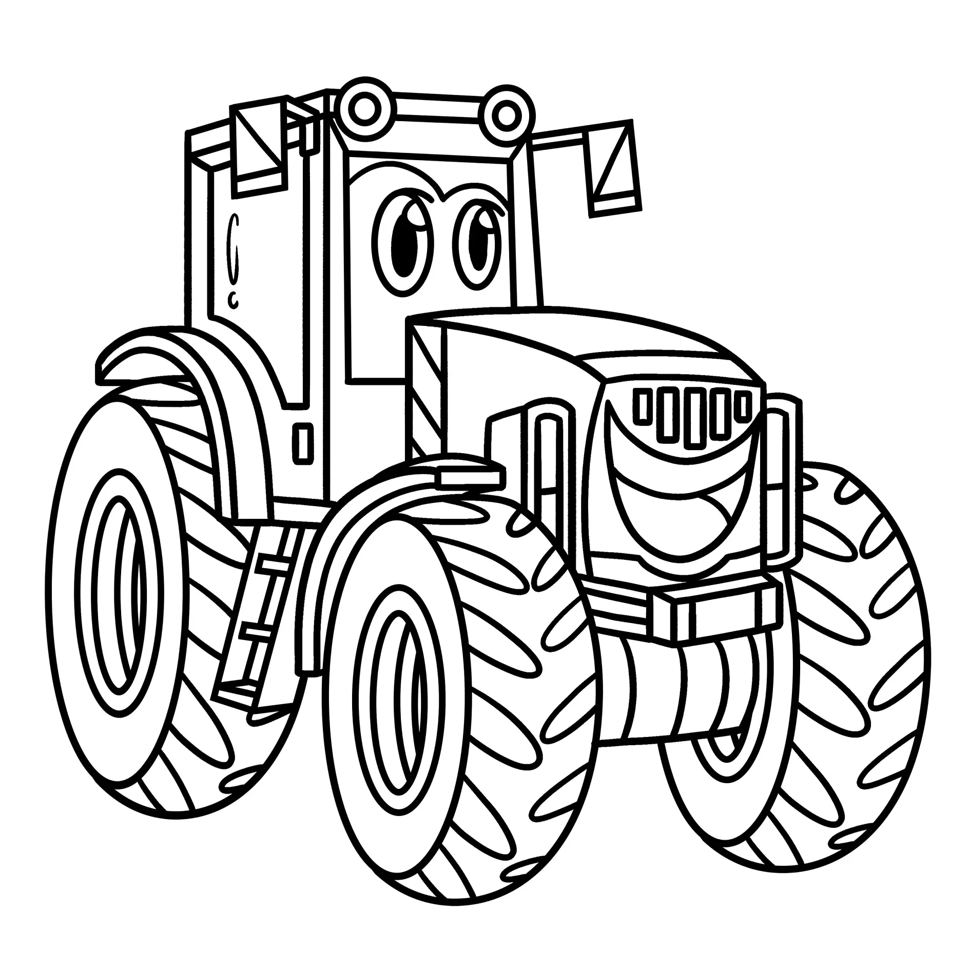 Ausmalbild Traktor Frontansicht mit Details