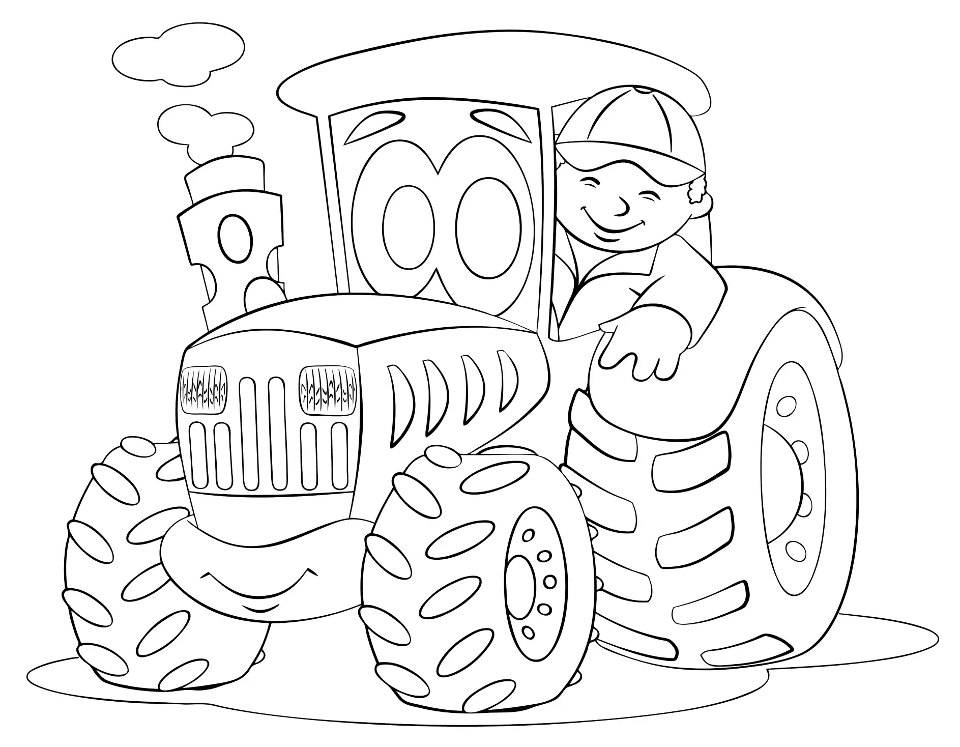 Ausmalbild Traktor mit fröhlichem Fahrer