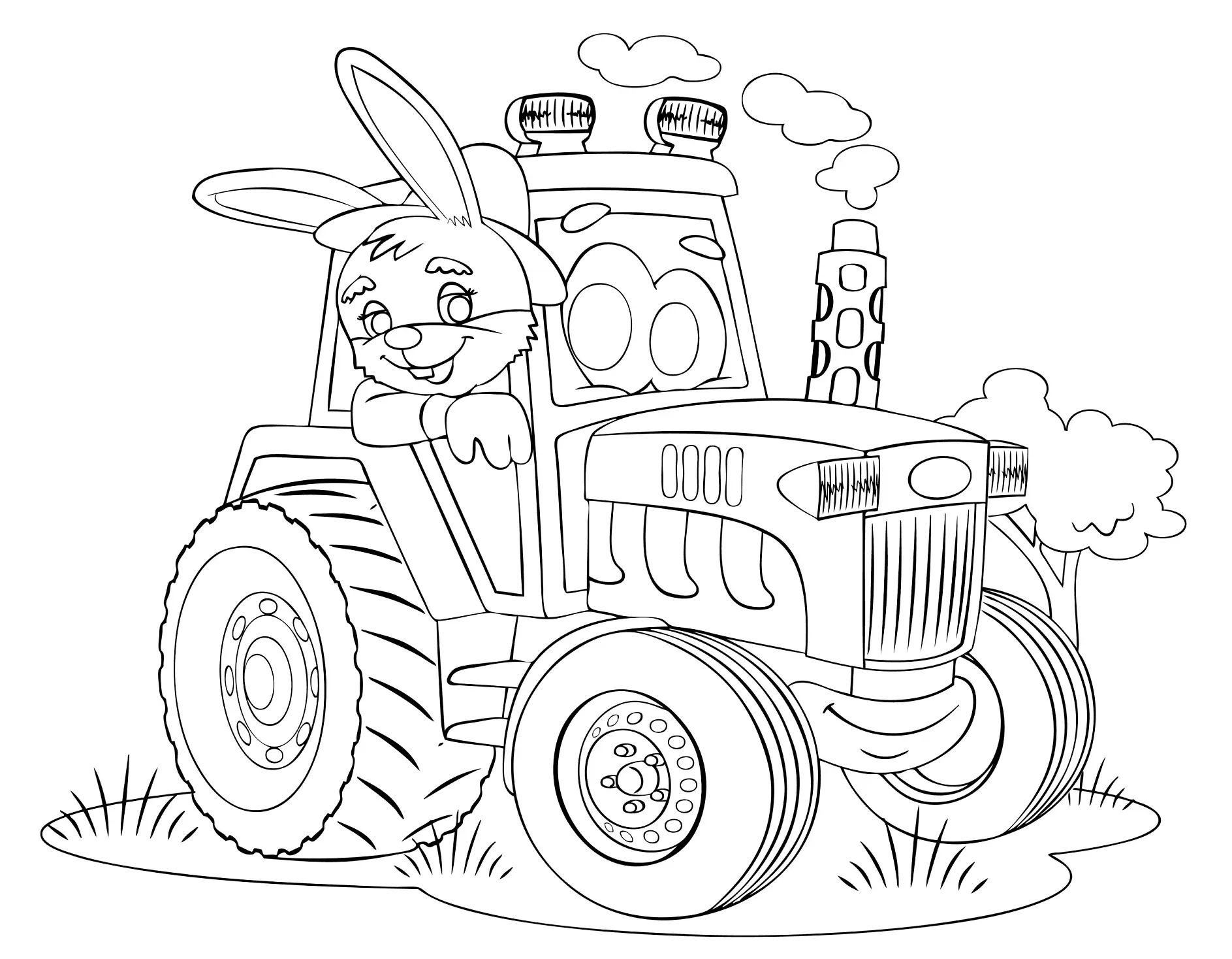 Ausmalbild Traktor mit Hase am Steuer