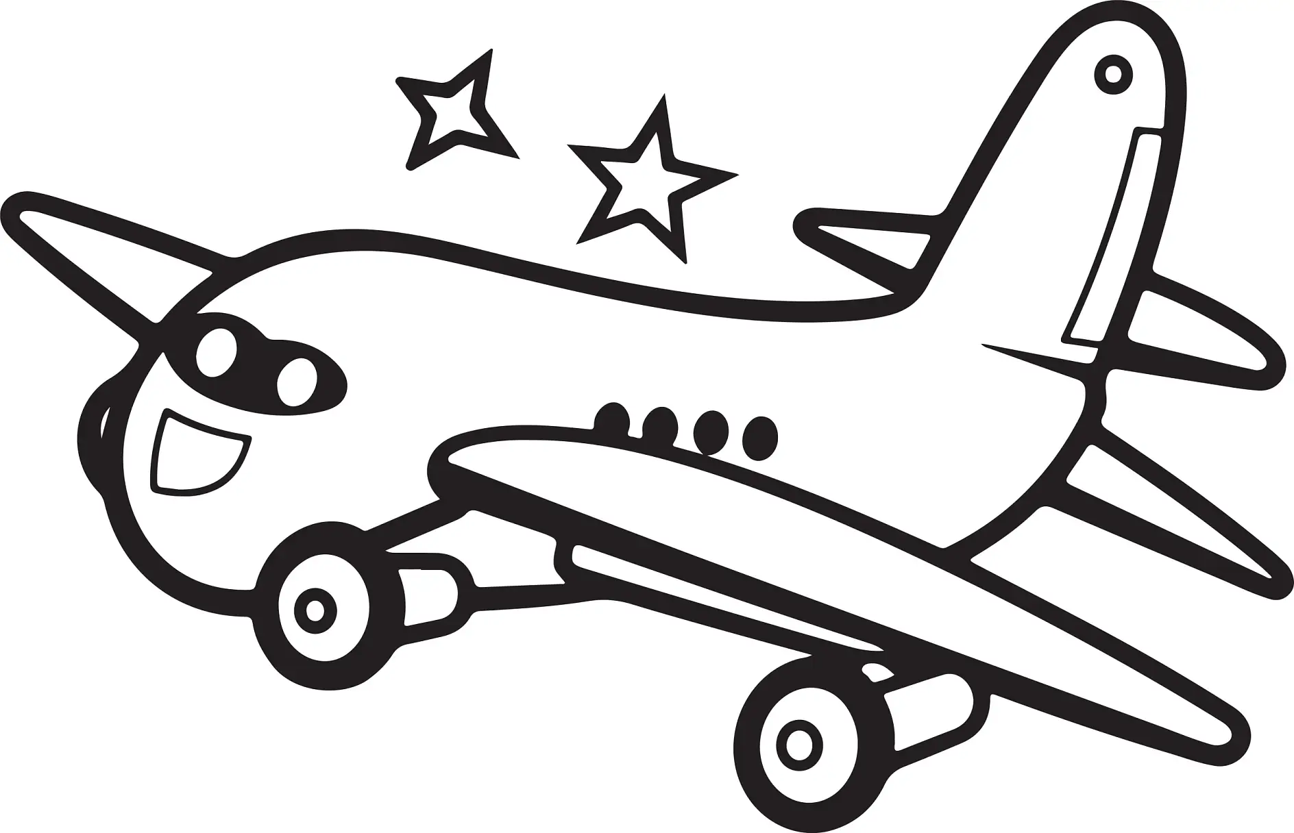 Ausmalbild Flugzeug mit lächelndem Gesicht und Sternen