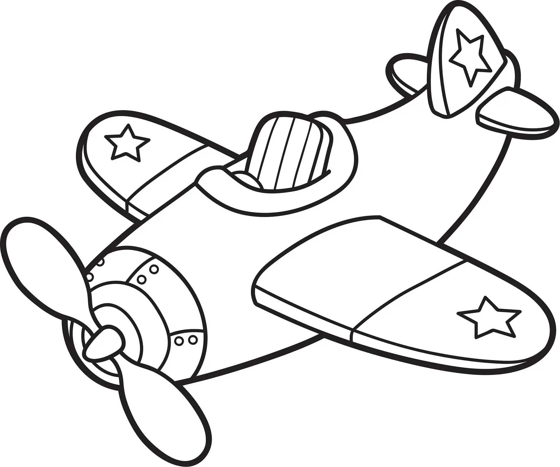 Ausmalbild Flugzeug mit Sternen und Propeller