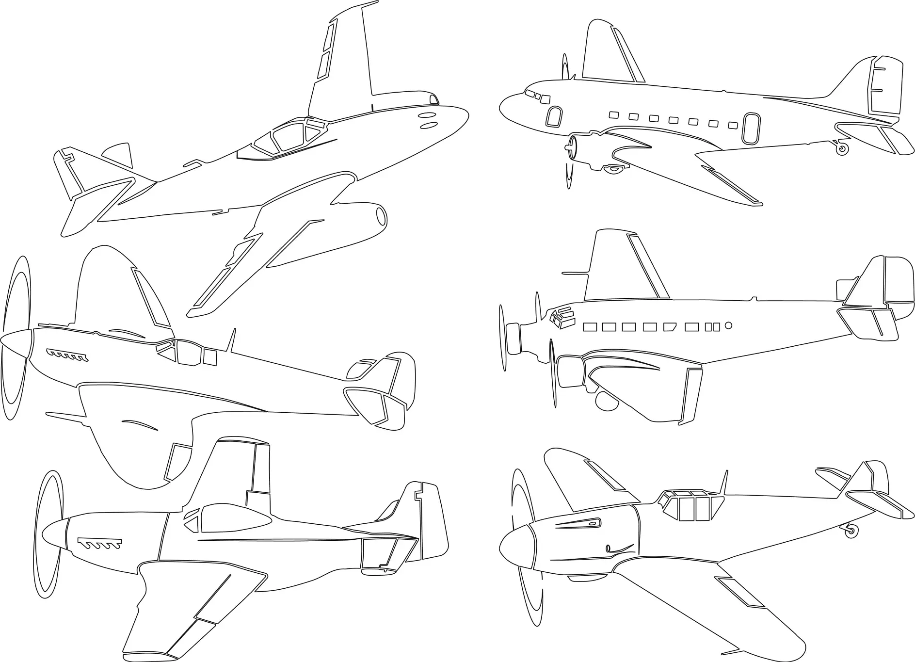 Ausmalbild Flugzeuge in verschiedenen Perspektiven
