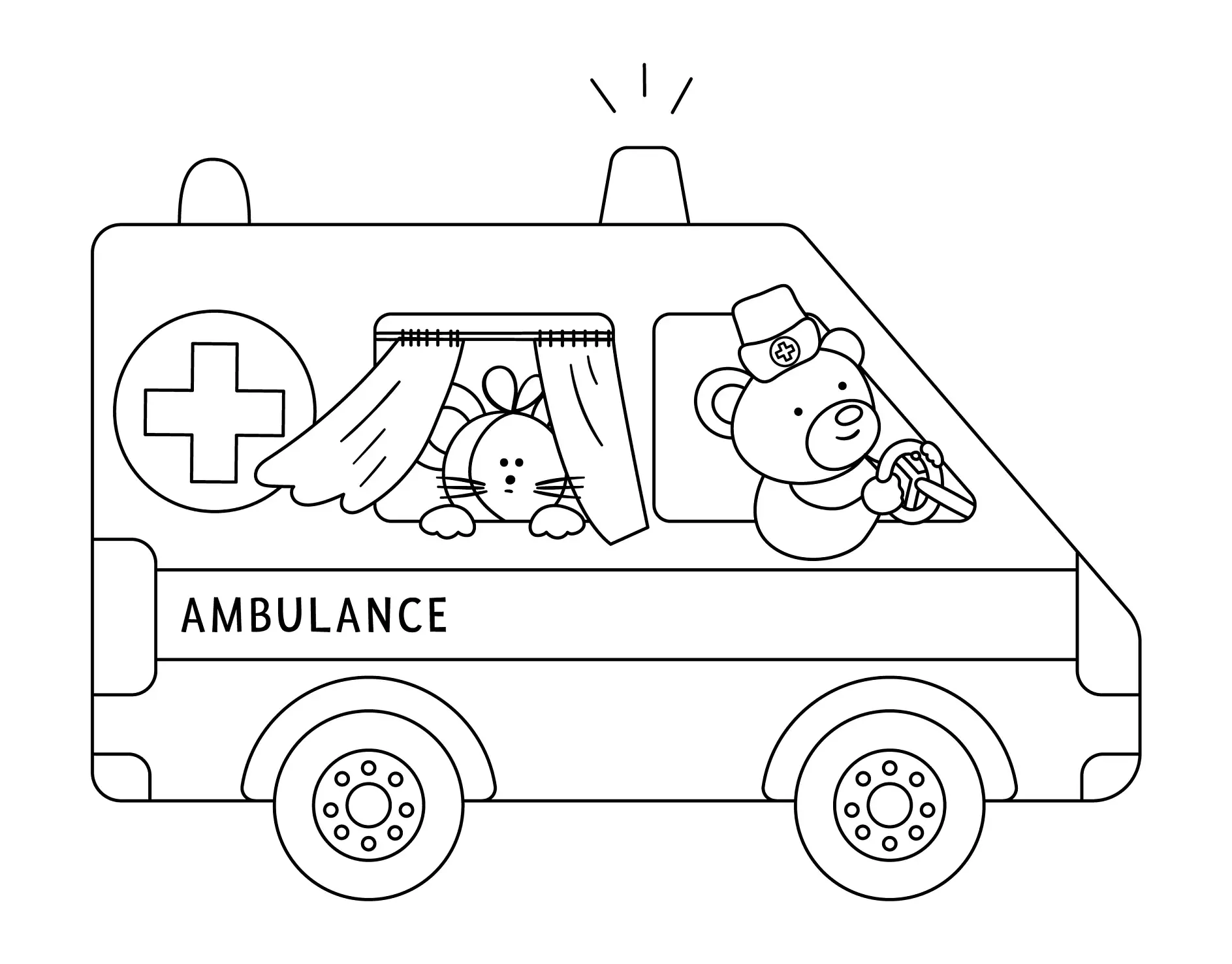 Ausmalbild Krankenwagen mit Tieren und Sirene