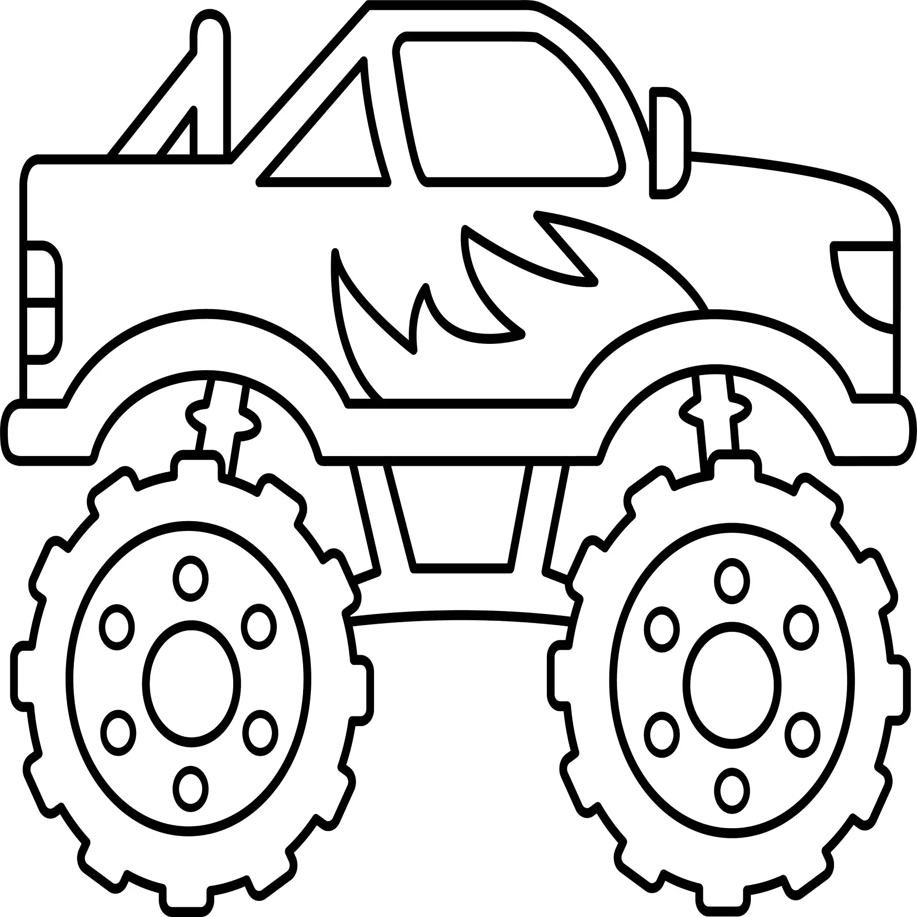 Ausmalbild Monster Truck mit Flammenmuster auf der Seite