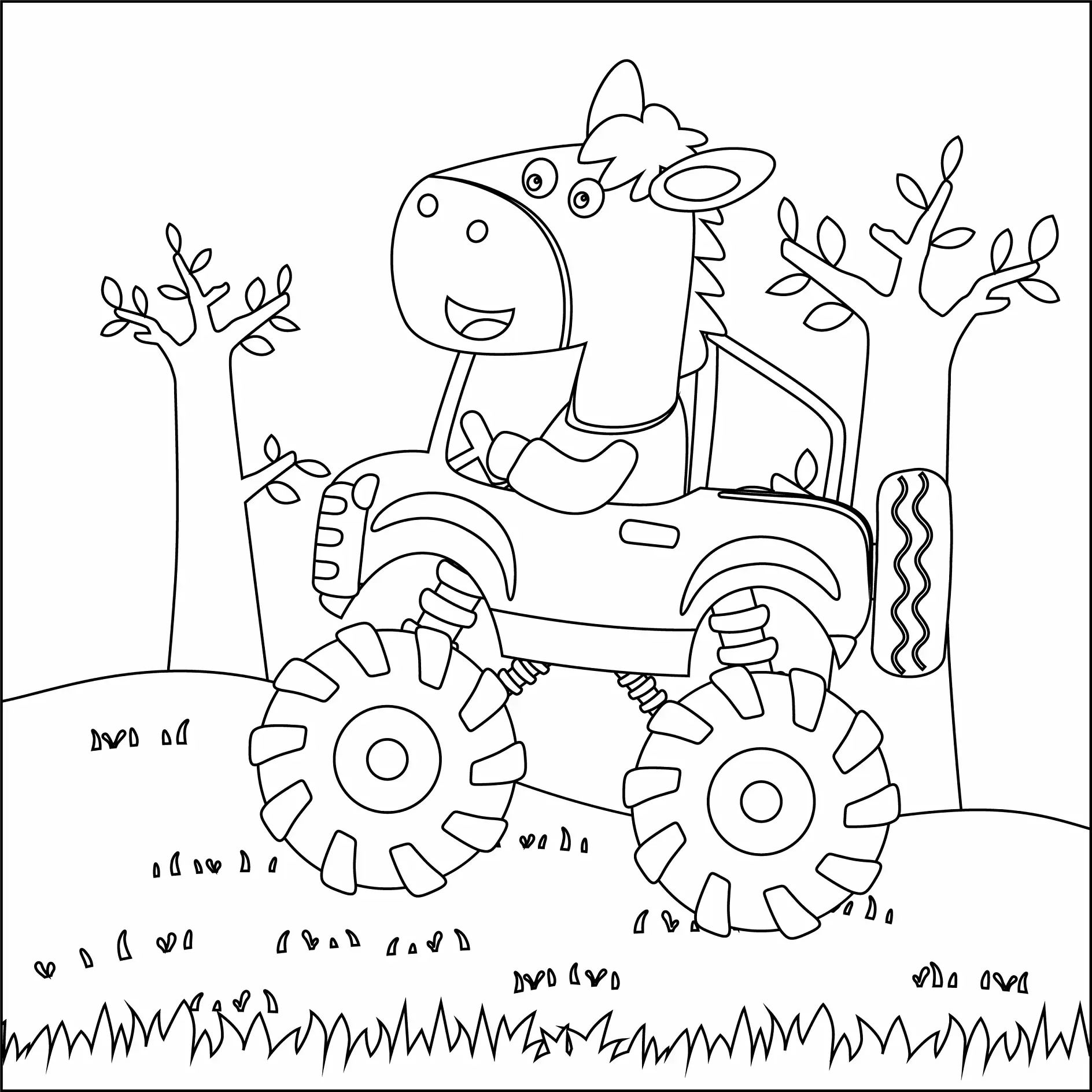Ausmalbild Monster Truck mit Pferd und Bäumen