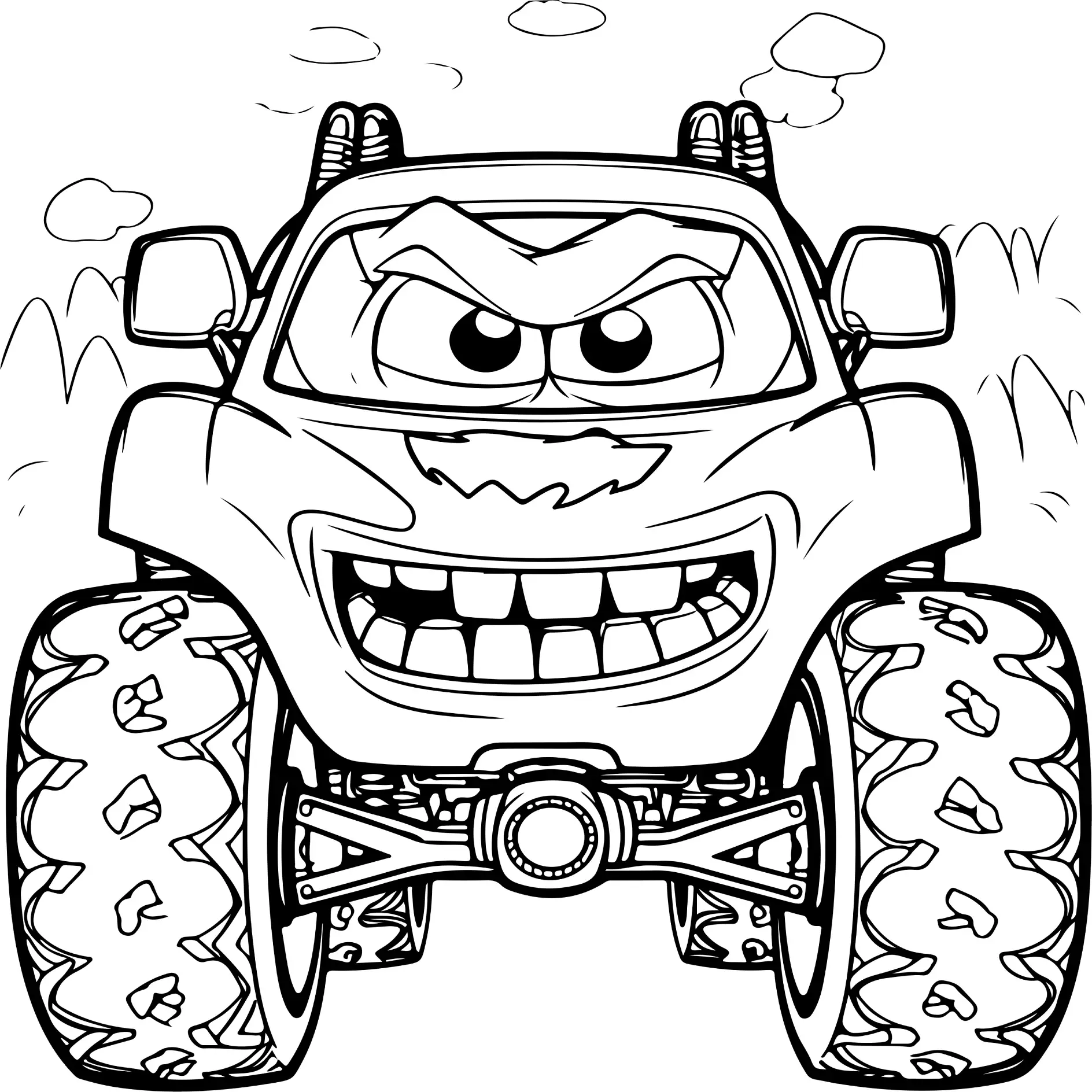 Ausmalbild Monster Truck mit wütendem Gesichtsausdruck