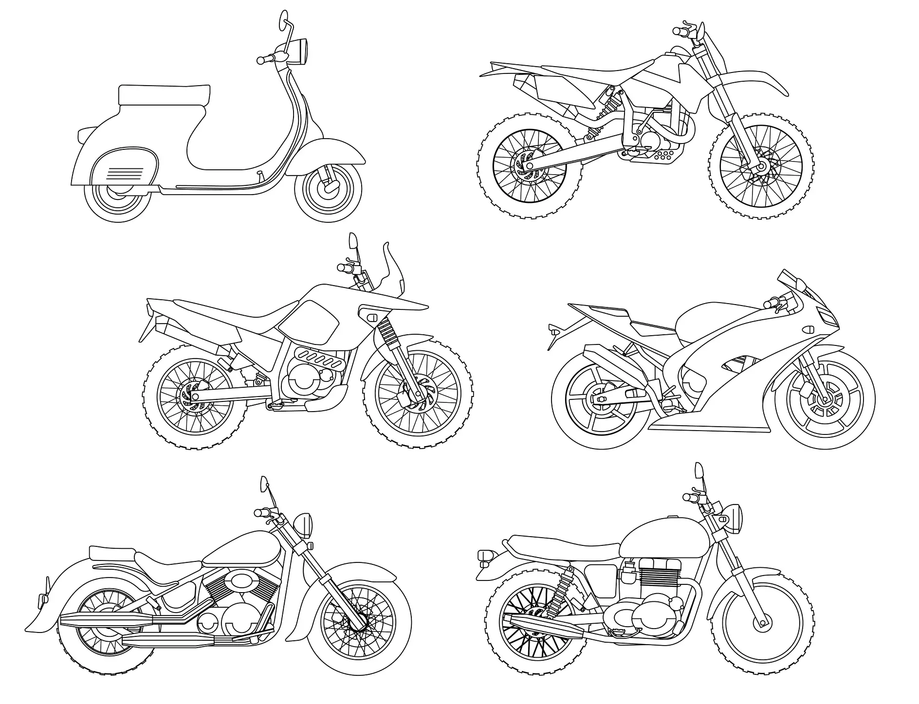 Ausmalbild Motorräder verschiedene Modelle