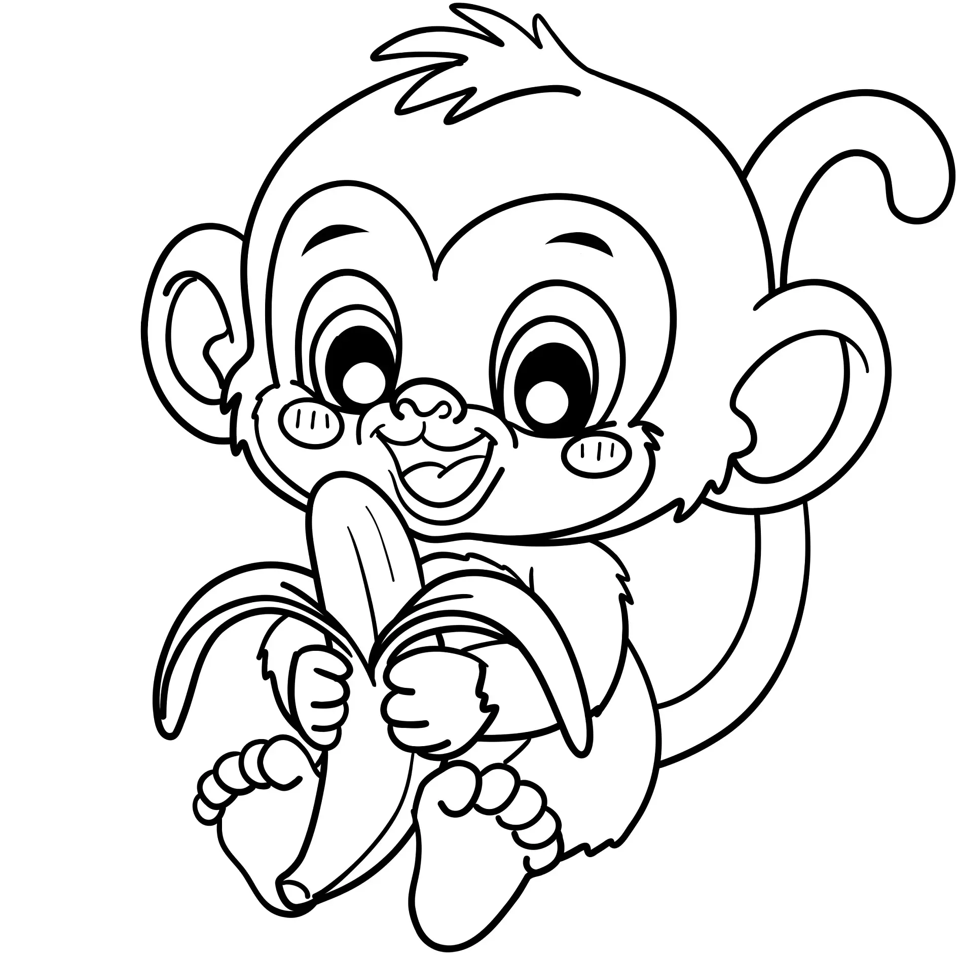 Ausmalbild Affe hält eine geschälte Banane in den Händen