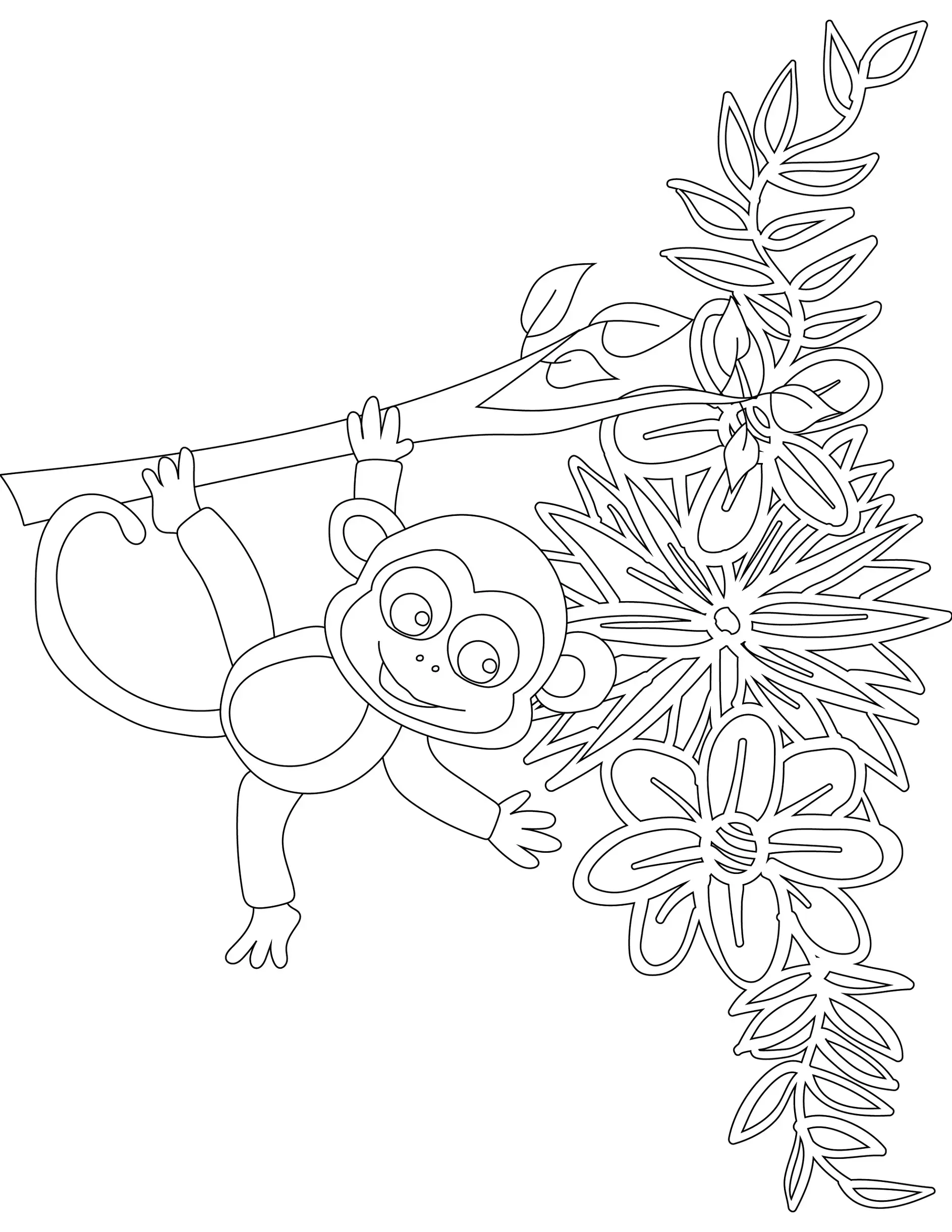 Ausmalbild Affe hängt an einem Ast mit Blättern und Blumen