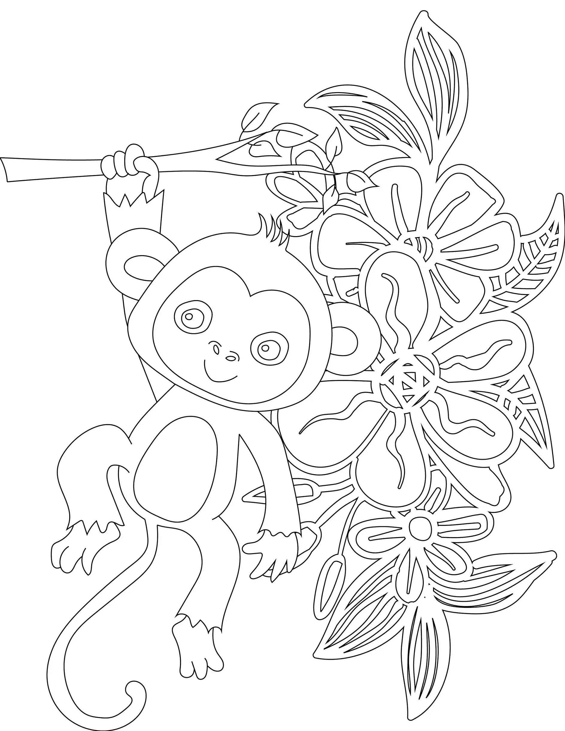 Ausmalbild Affe hängt an einem Ast mit großen Blumen