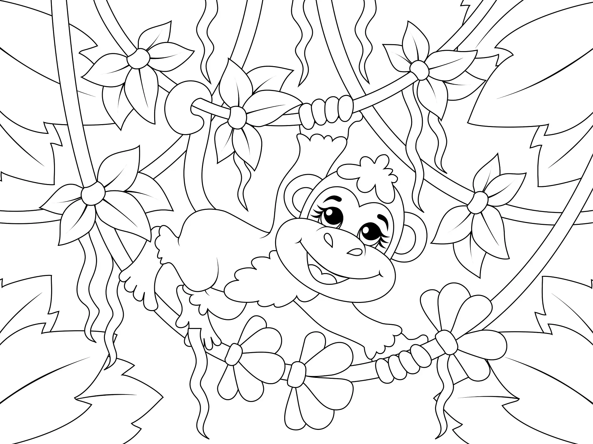 Ausmalbild Affe klettert an Lianen durch den Dschungel voller Blumen