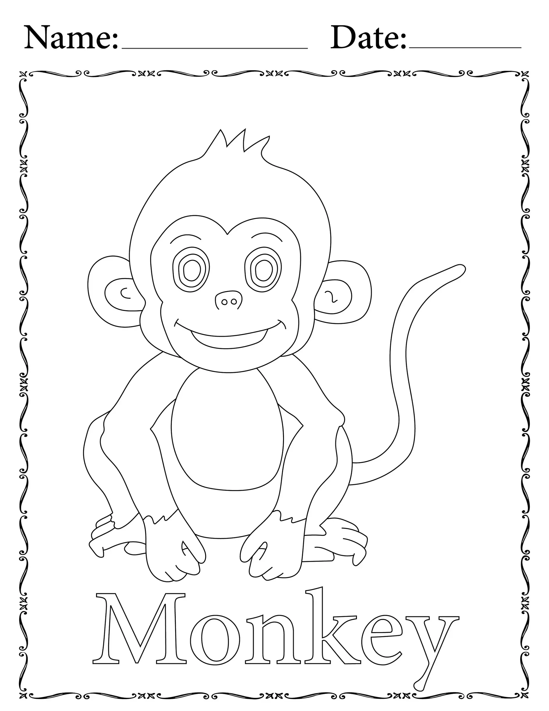 Ausmalbild Affe sitzt im Rahmen mit Platz für Name und Datum