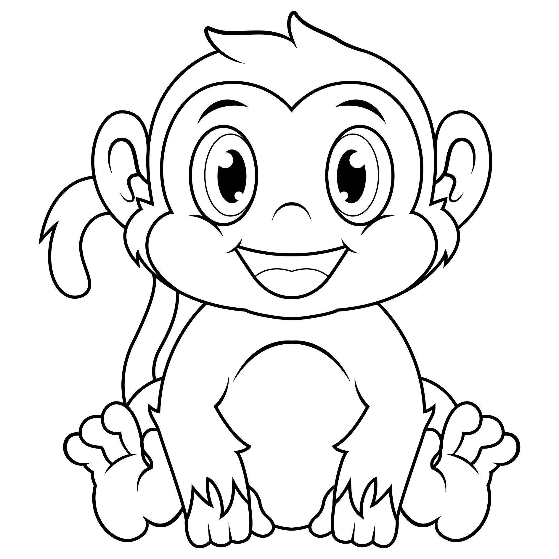 Ausmalbild Affe sitzt lächelnd und schaut nach vorne